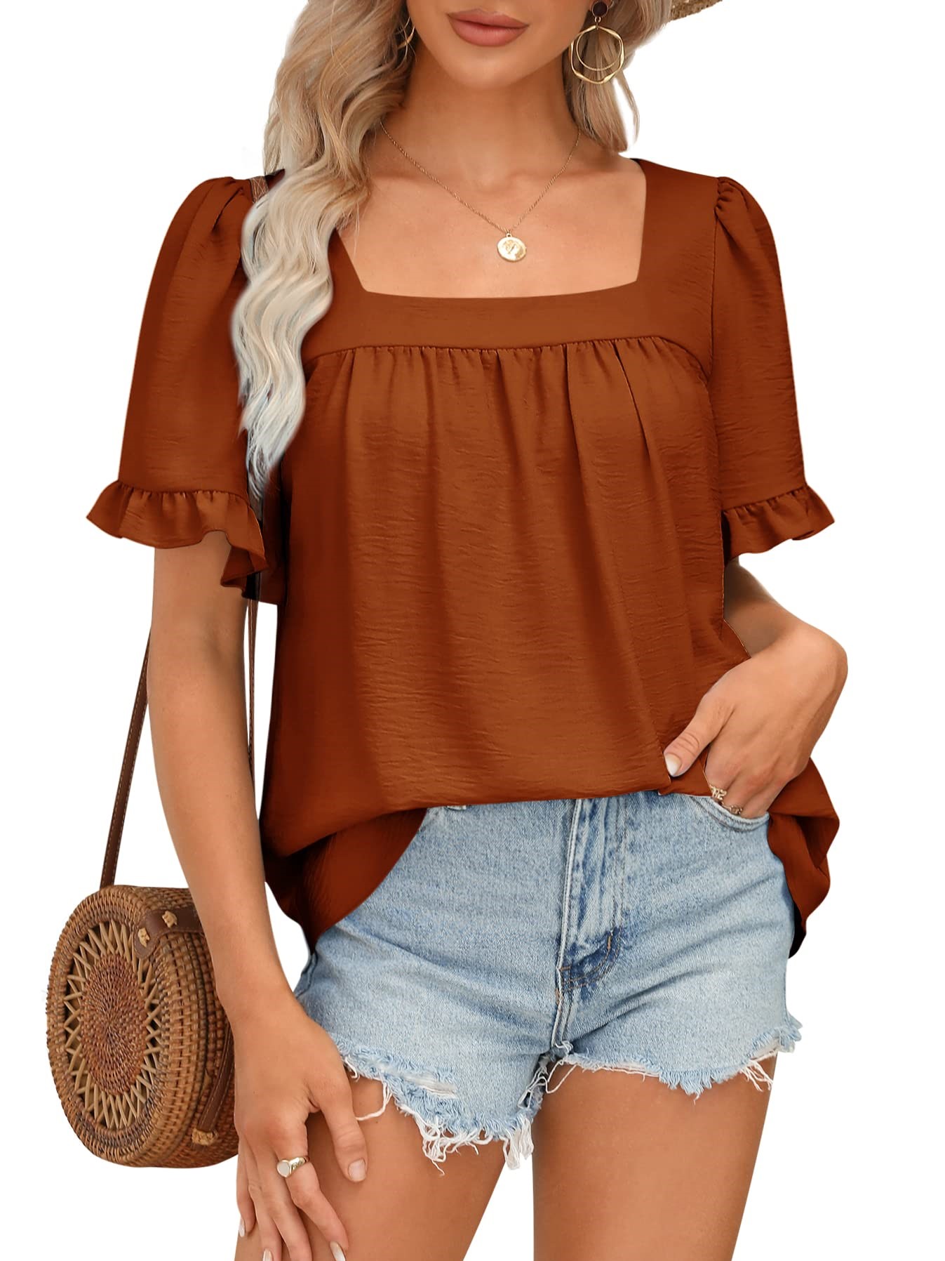 Women's Sqaure Neck Ruffle Sleeve Blouses Peplum Tops