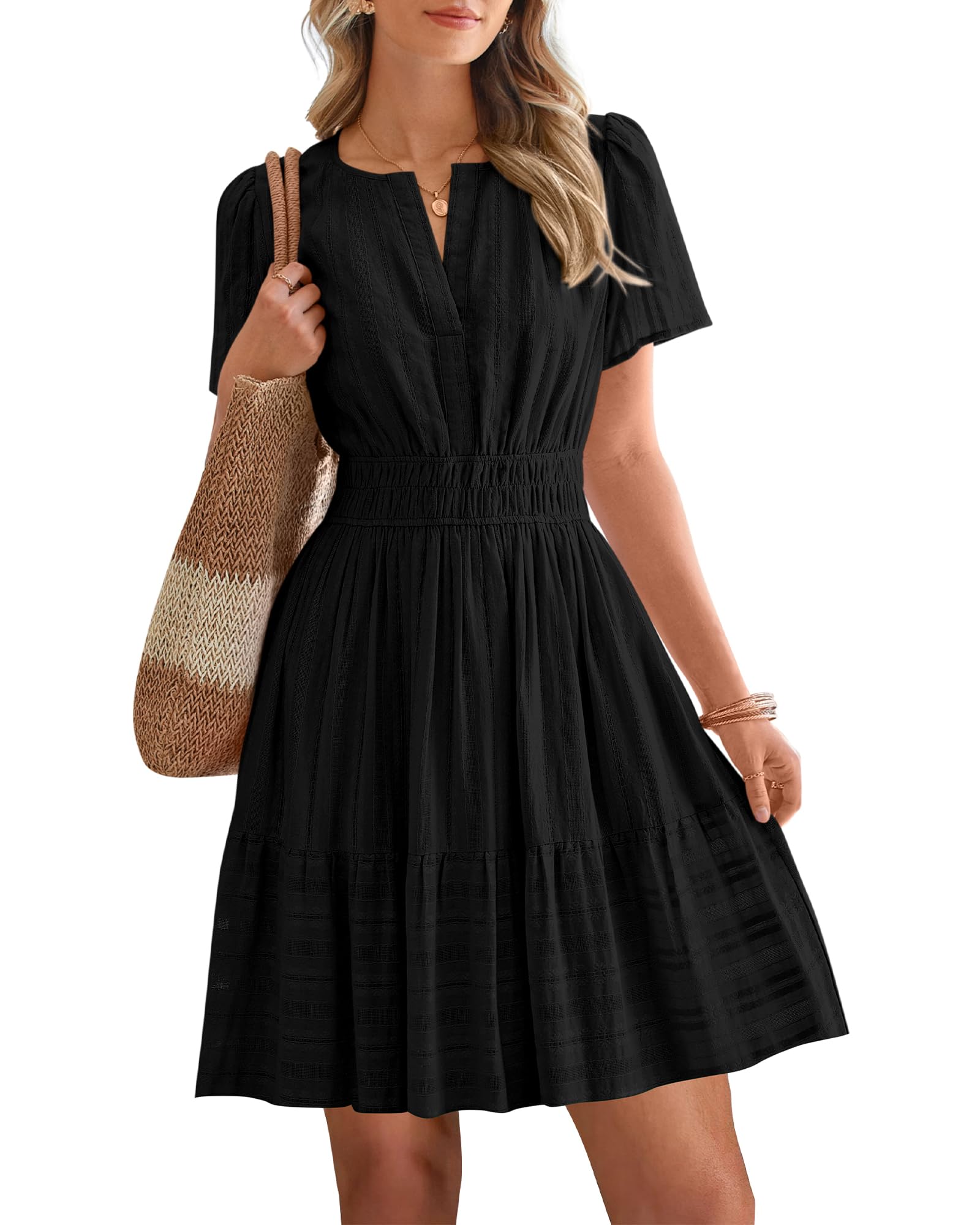 Women's Lightweight Short Sleeve V Neck Elastic Waist Mini Dress 
