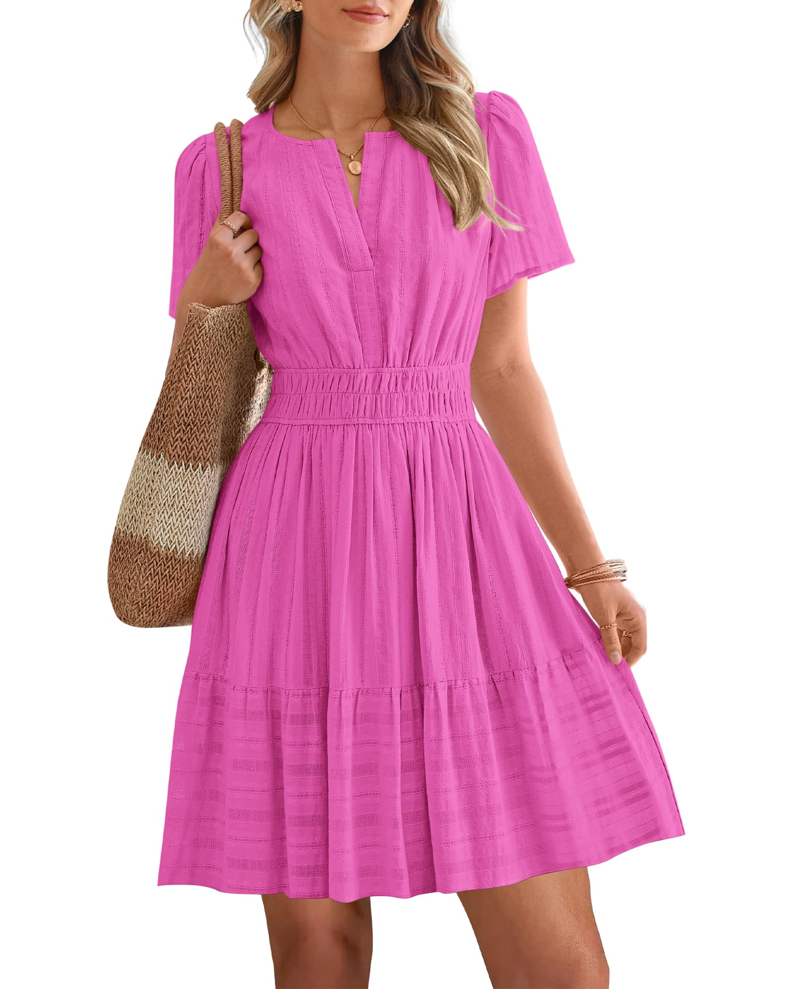 Women's Lightweight Short Sleeve V Neck Elastic Waist Mini Dress 