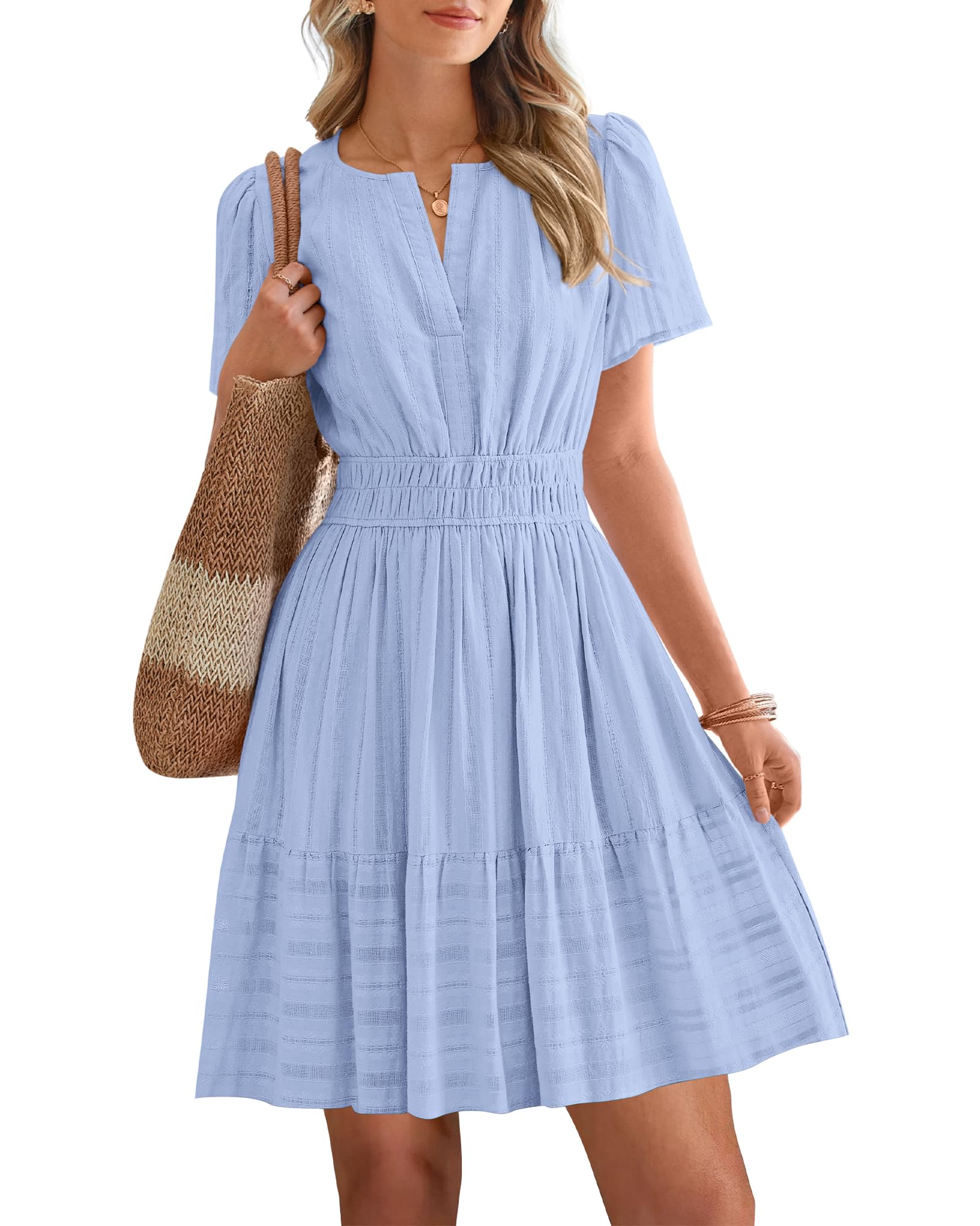 Women's Lightweight Short Sleeve V Neck Elastic Waist Mini Dress 