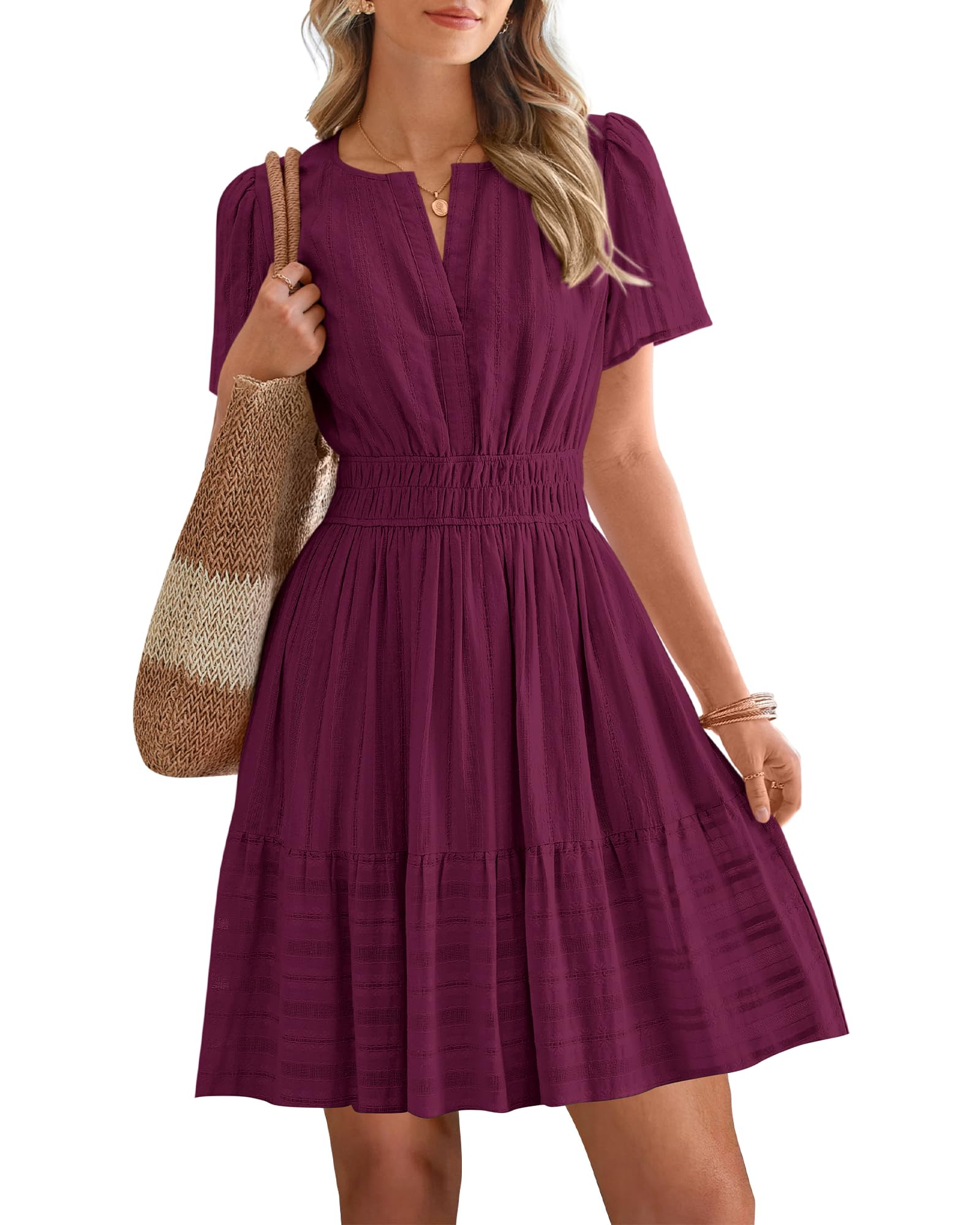 Women's Lightweight Short Sleeve V Neck Elastic Waist Mini Dress 