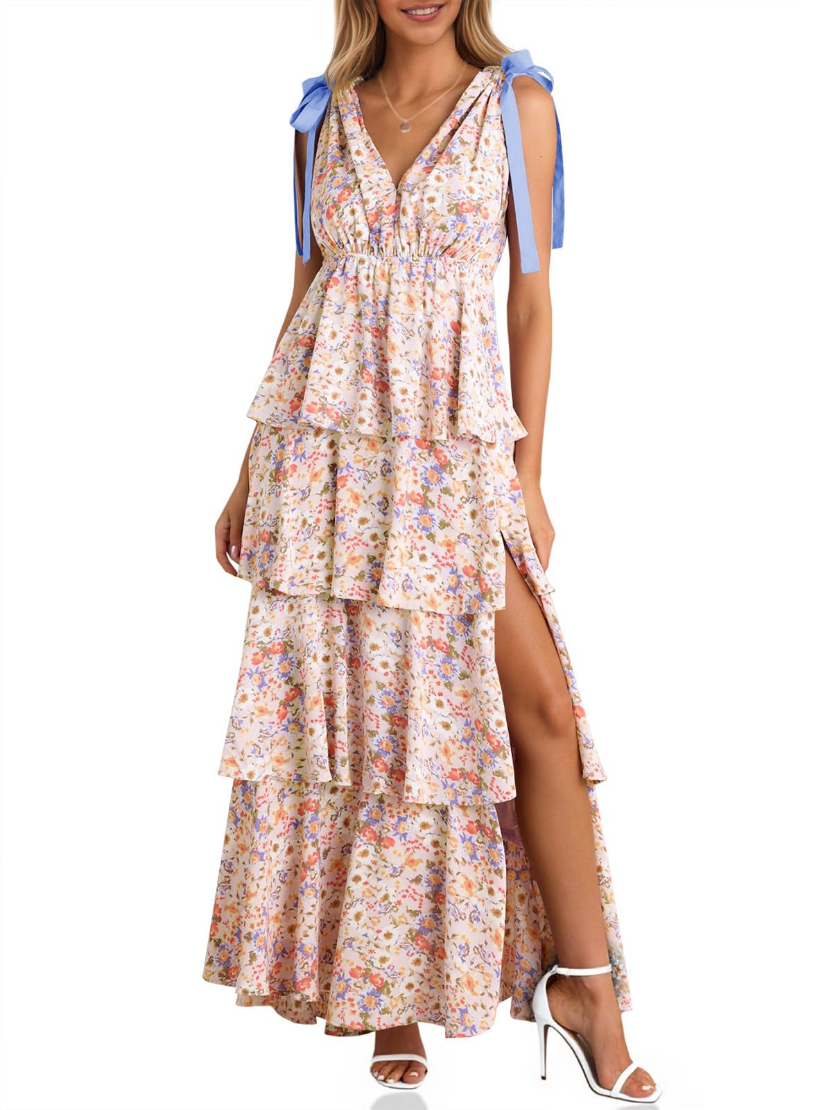 Women's Boho Floral Tie Strap V Neck Ruffle Tiered Maxi Dress