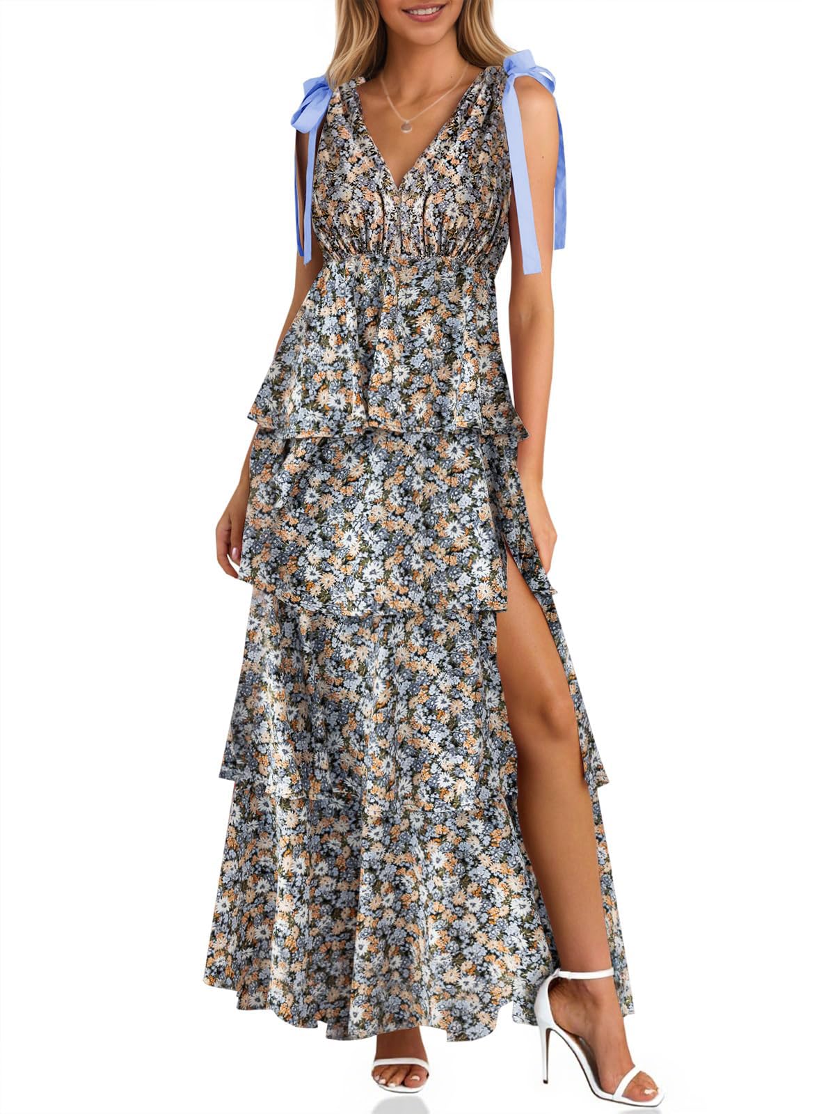 Women's Boho Floral Tie Strap V Neck Ruffle Tiered Maxi Dress