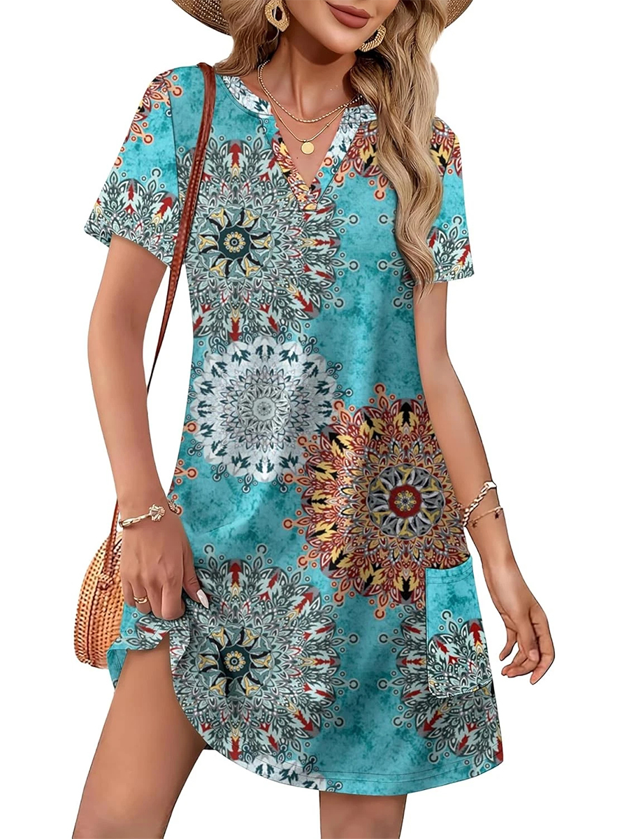 Women's Casual Printed V Neck Short Sleeve Pocket Midi Dress