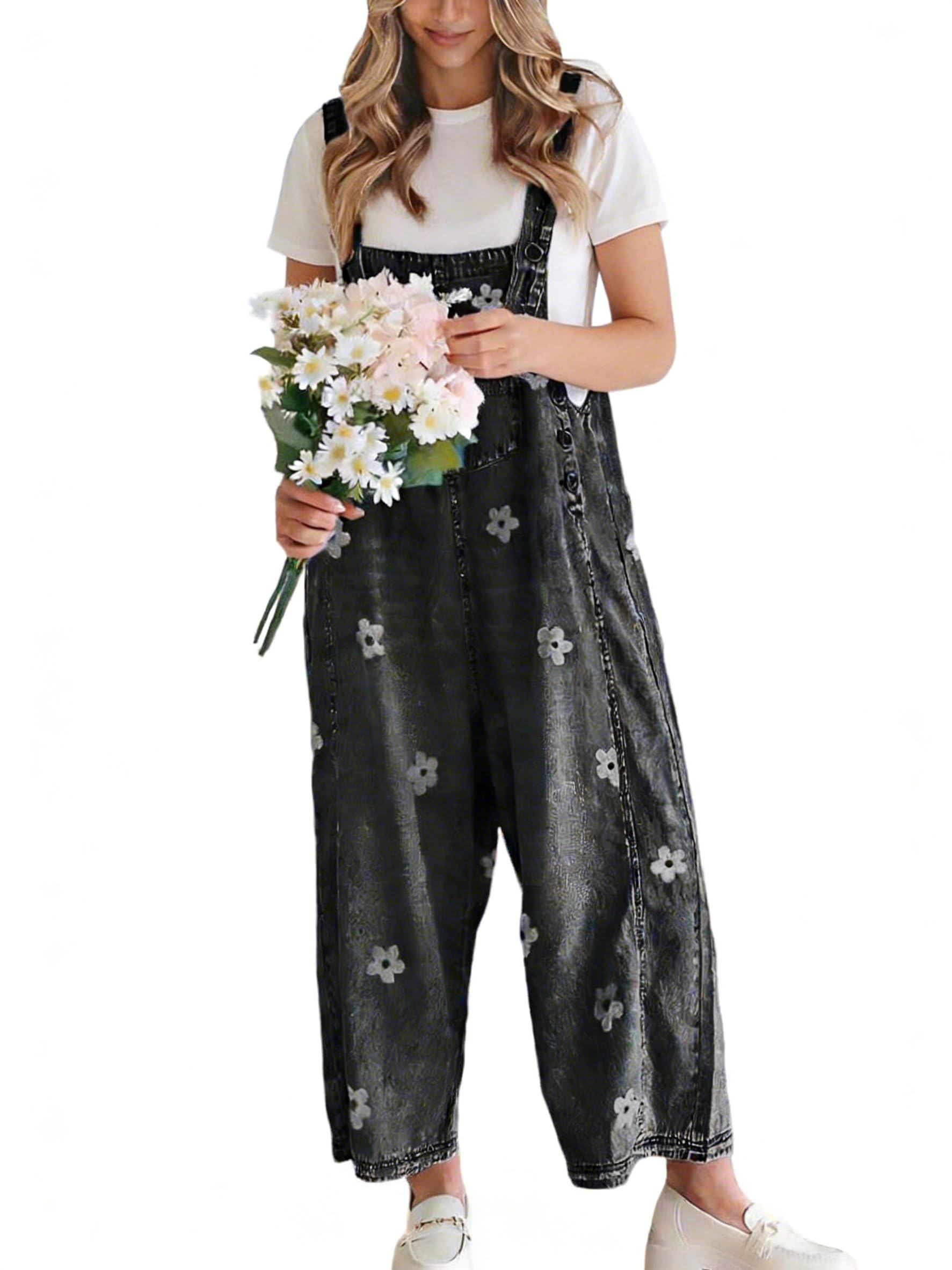 Women's Floral Printed Adjustable Strap Denim Bib Overalls Baggy Jumpsuit