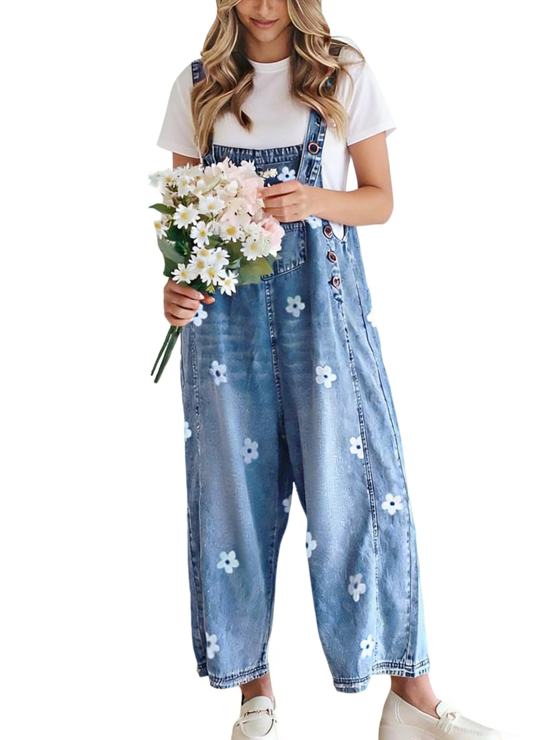 Women's Floral Printed Adjustable Strap Denim Bib Overalls Baggy Jumpsuit