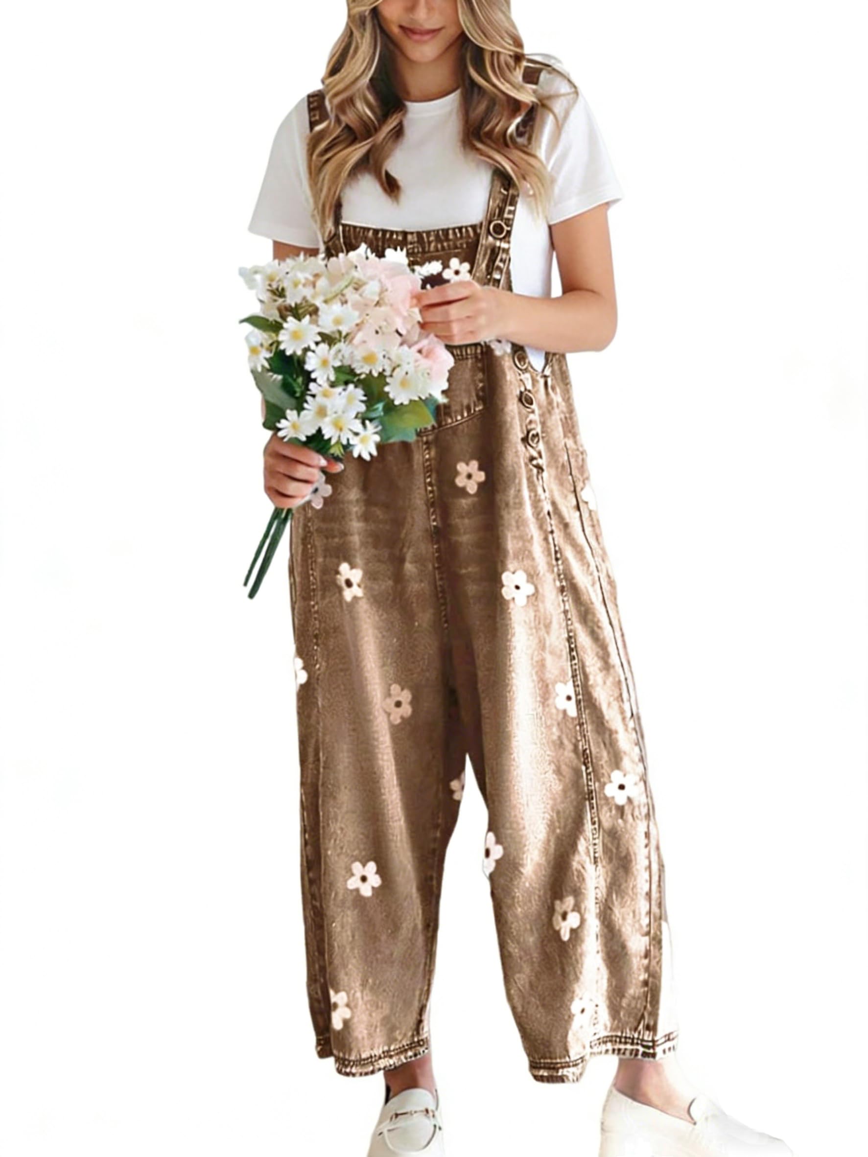 Women's Floral Printed Adjustable Strap Denim Bib Overalls Baggy Jumpsuit