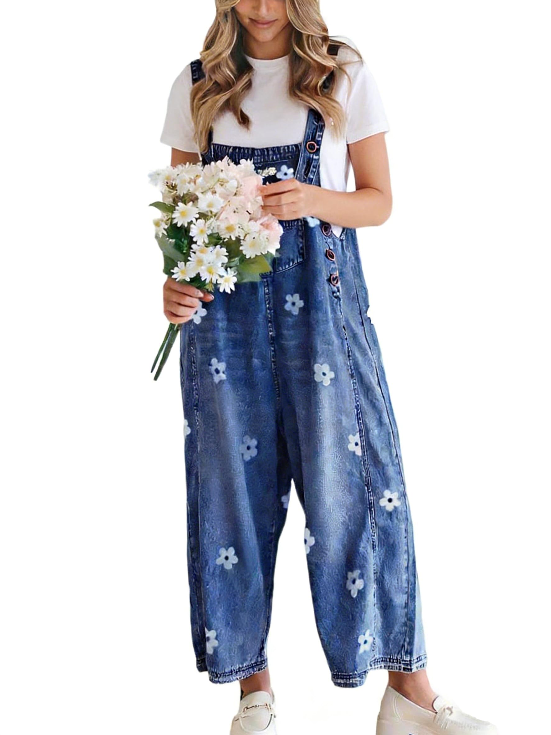 Women's Floral Printed Adjustable Strap Denim Bib Overalls Baggy Jumpsuit