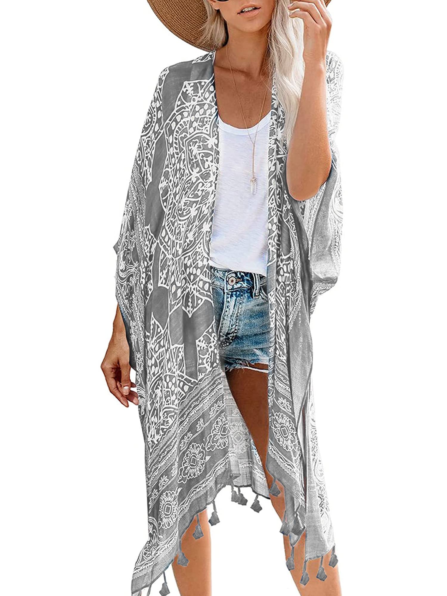 Women's Printed Slits Tassel Cardigan Kimonos Swimsuit Cover-Up