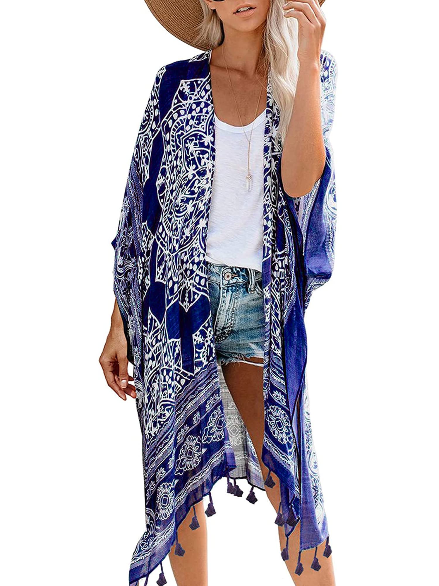 Women's Printed Slits Tassel Cardigan Kimonos Swimsuit Cover-Up