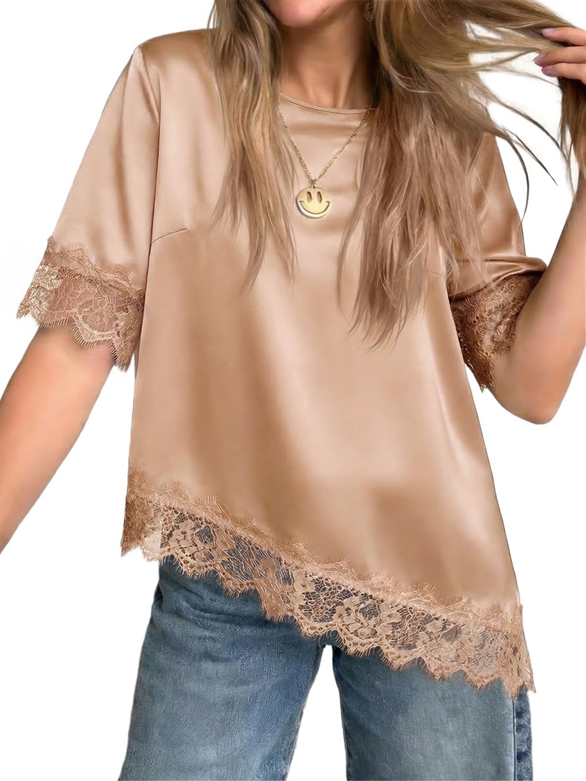 Women's Satin Short Sleeve Lace Trim Asymmetrical Blouse Tops