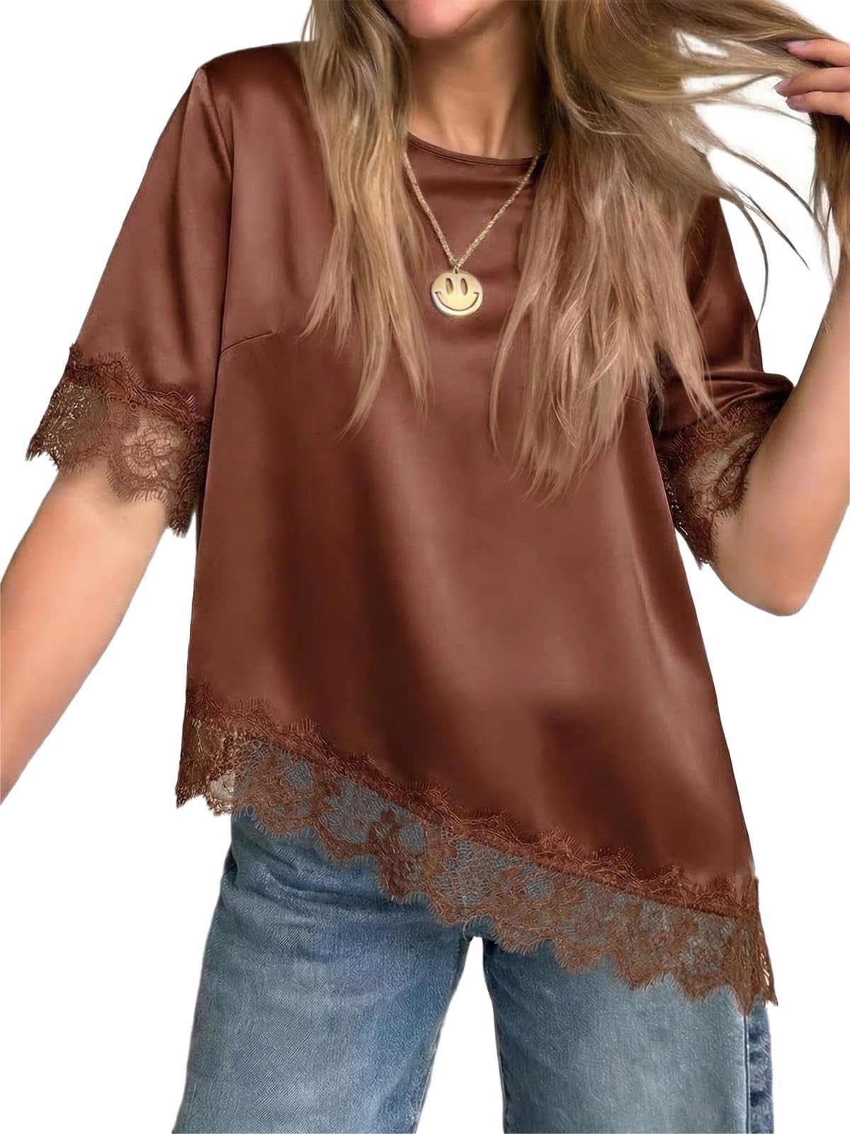 Women's Satin Short Sleeve Lace Trim Asymmetrical Blouse Tops