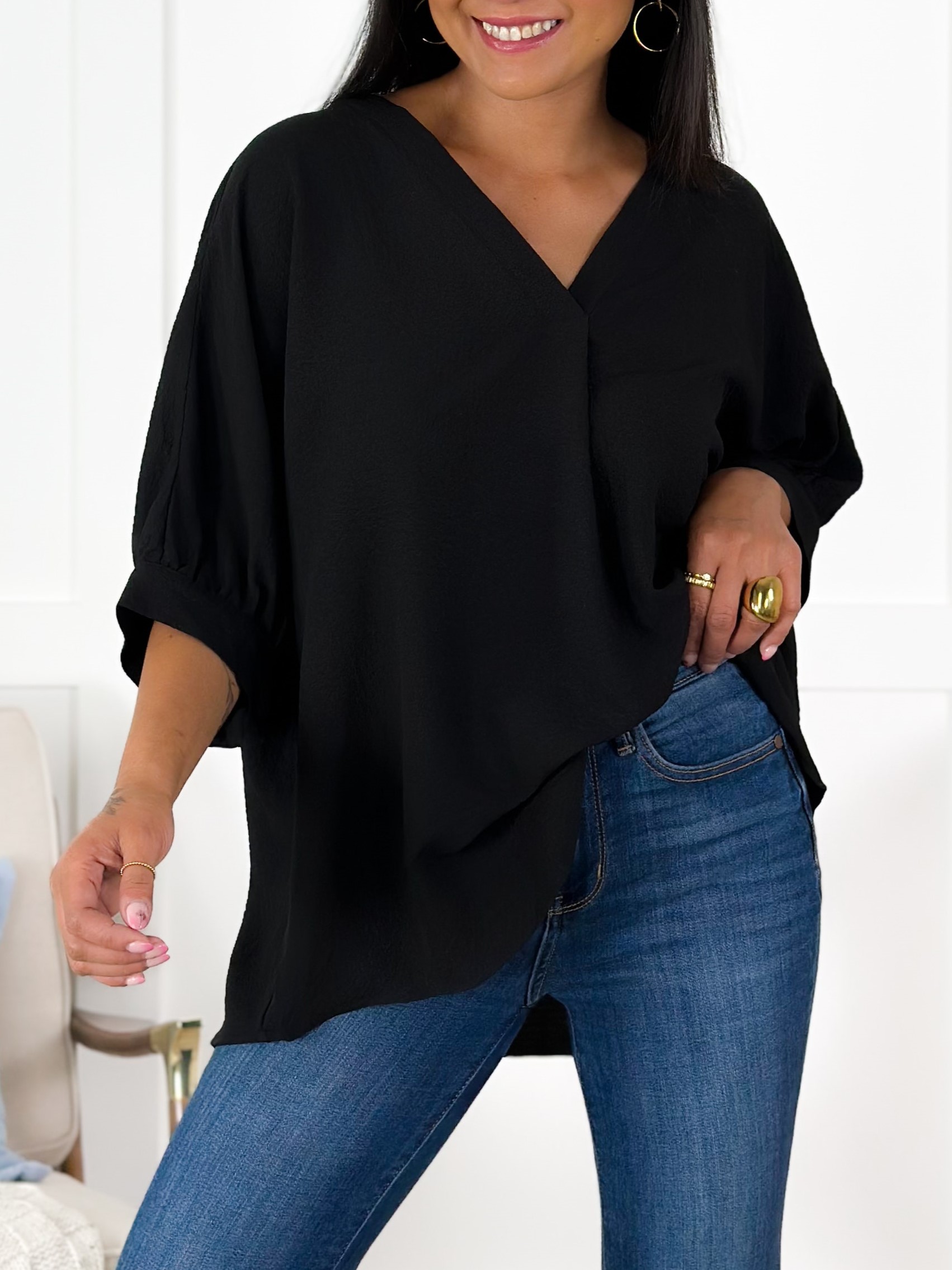 Textured Solid Dolman Sleeve V Neck Blouse