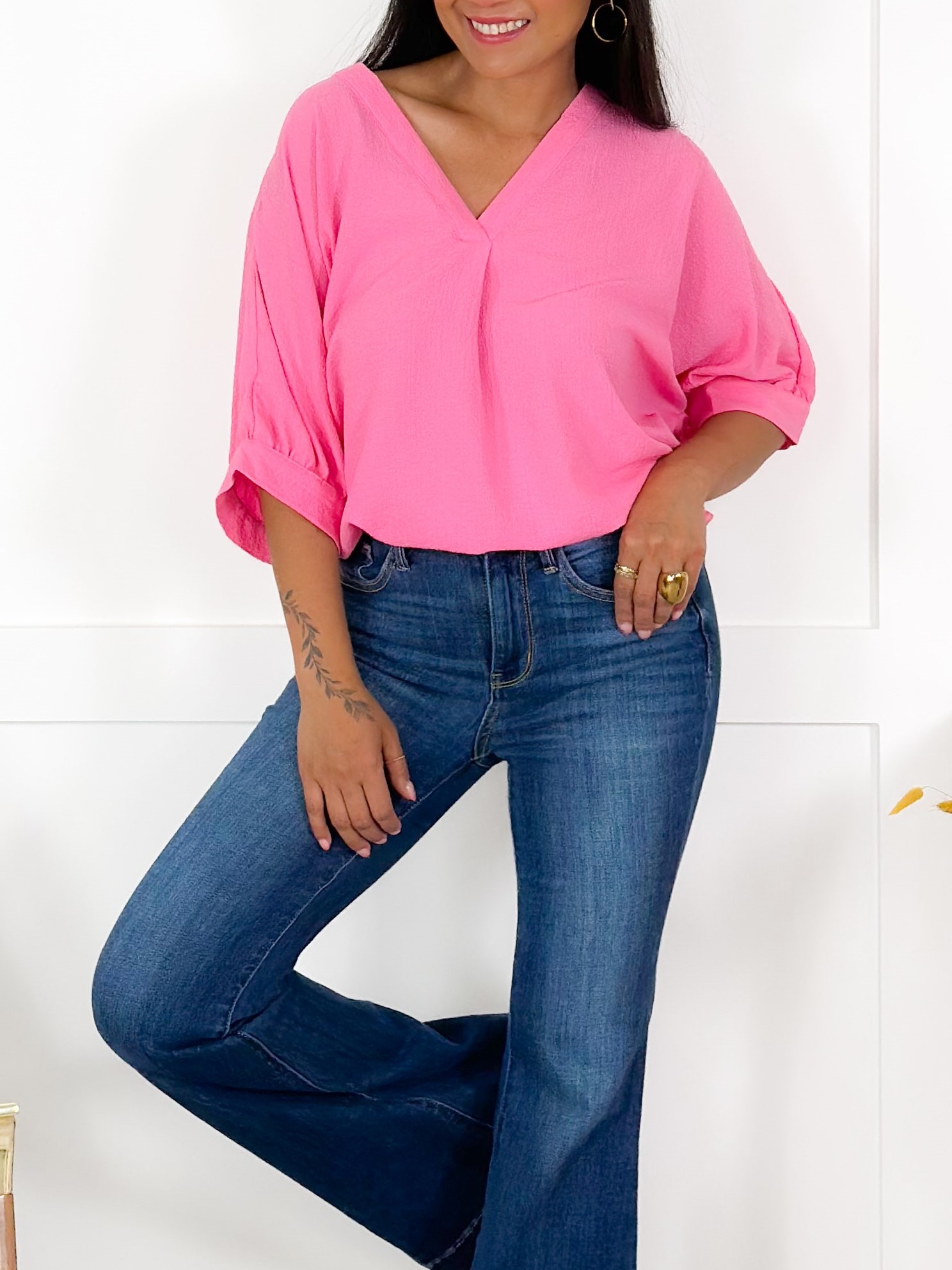 Textured Solid Dolman Sleeve V Neck Blouse