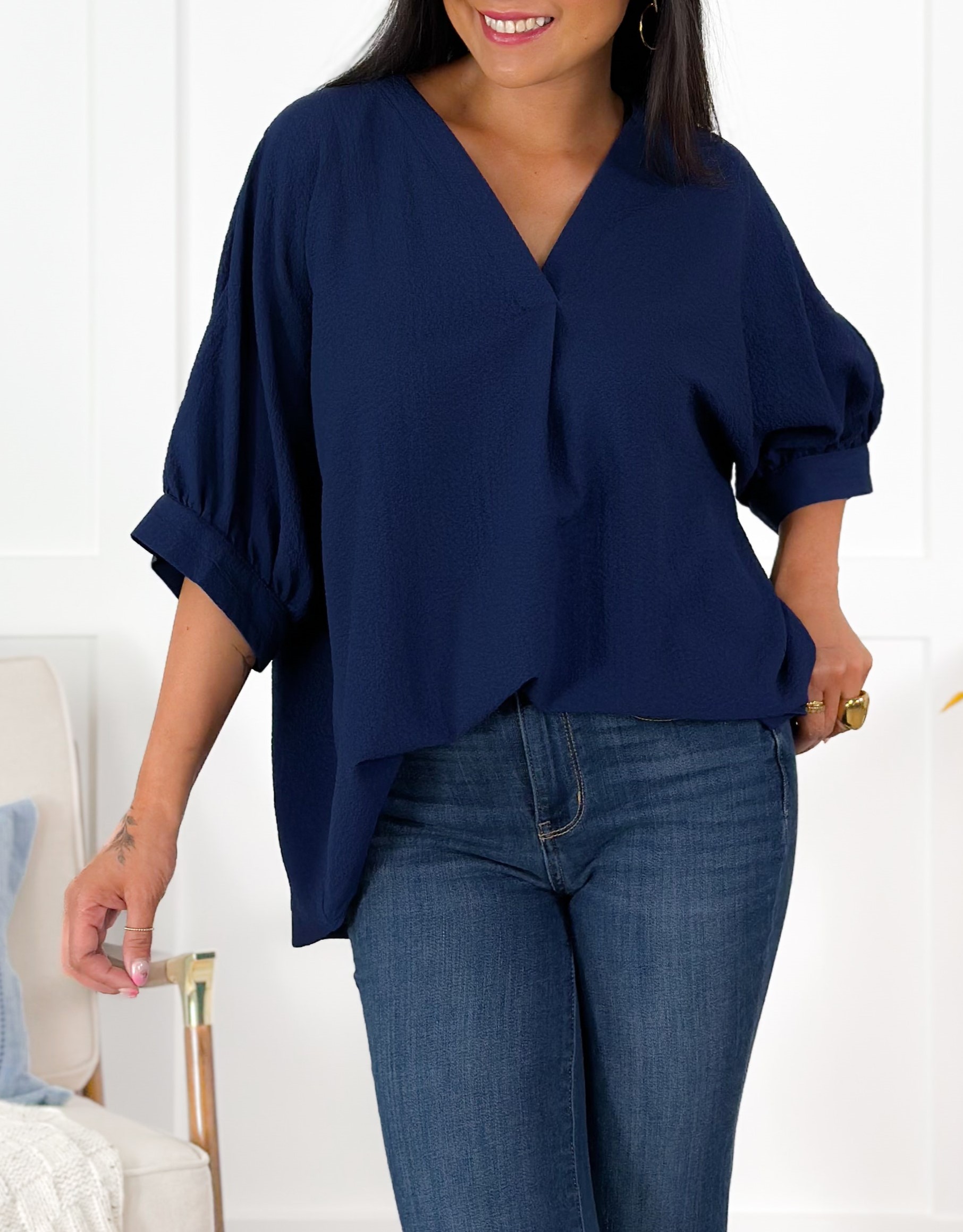 Textured Solid Dolman Sleeve V Neck Blouse