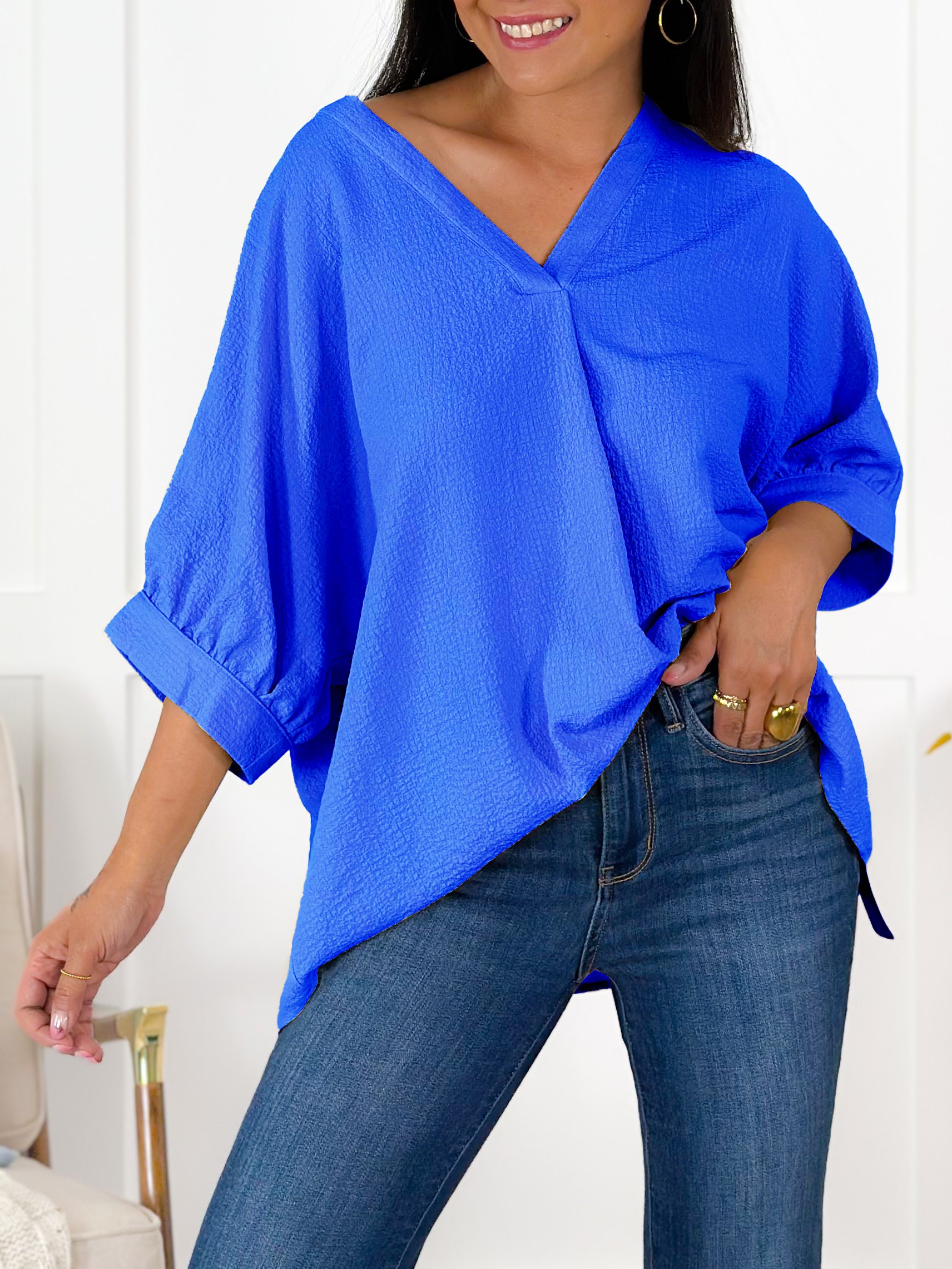 Textured Solid Dolman Sleeve V Neck Blouse
