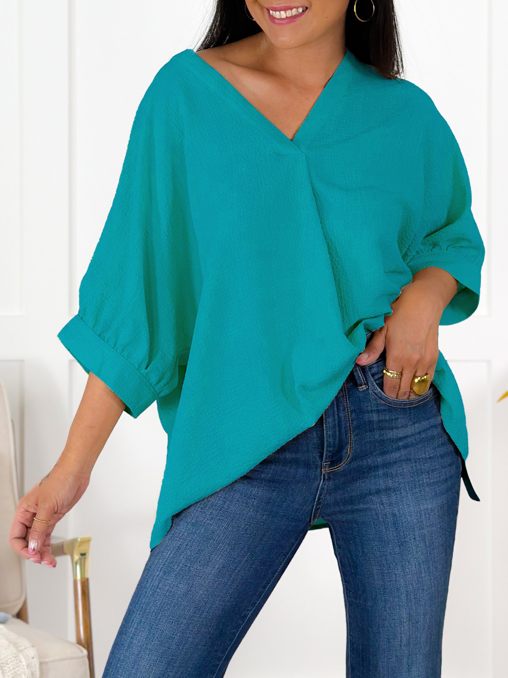 Textured Solid Dolman Sleeve V Neck Blouse