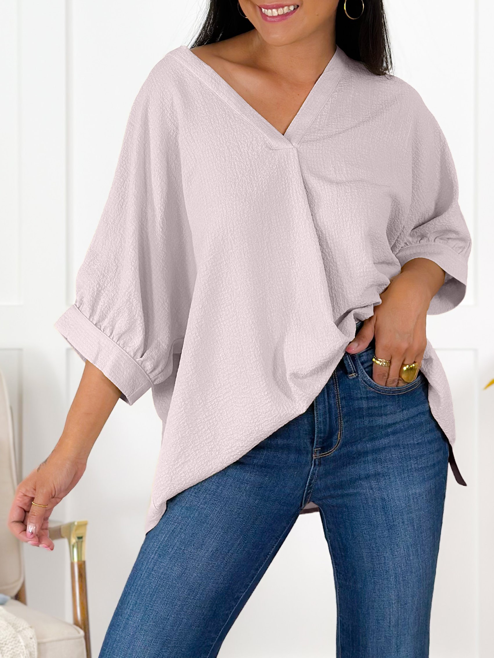 Textured Solid Dolman Sleeve V Neck Blouse