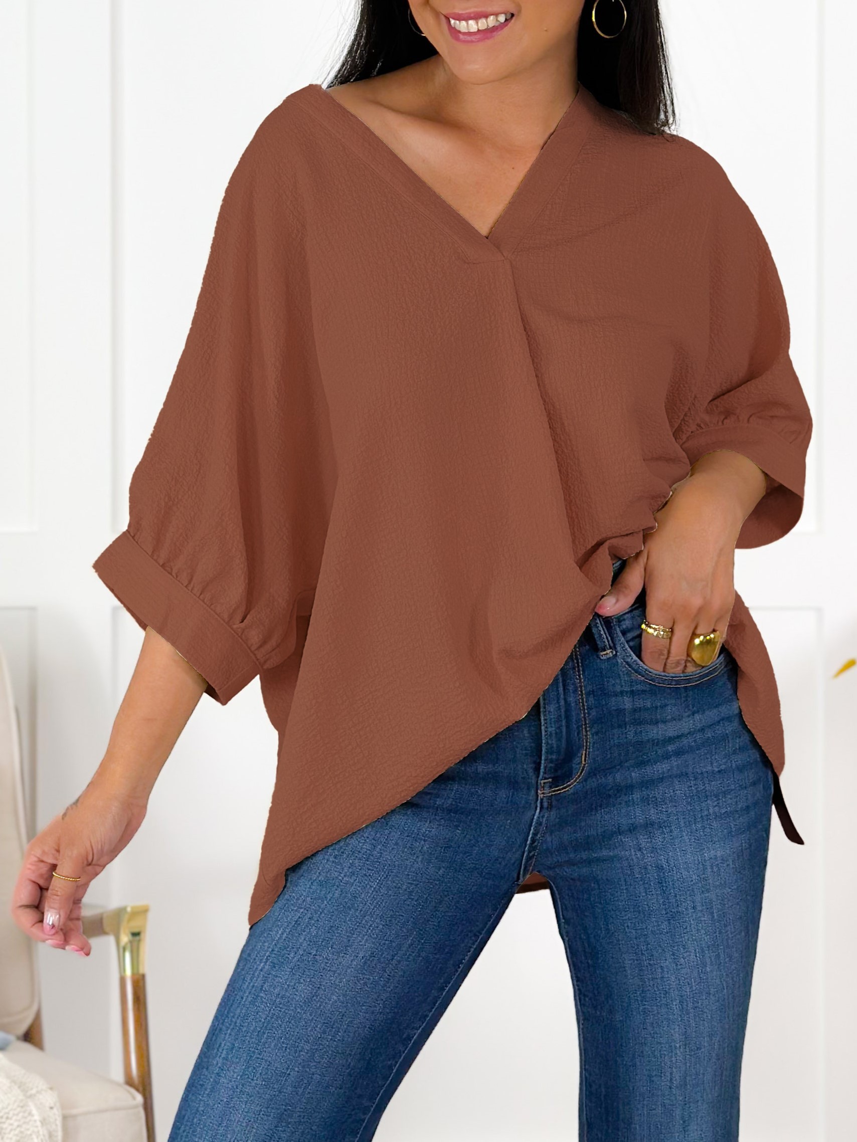 Textured Solid Dolman Sleeve V Neck Blouse