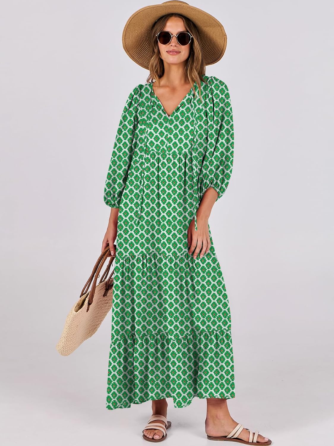 HOT SALE Summer V Neck Puff Sleeve Floral Flowy Casual Maxi Dress