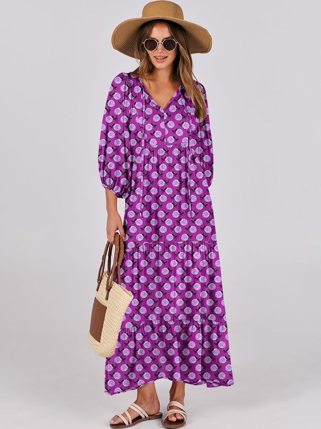 HOT SALE Summer V Neck Puff Sleeve Floral Flowy Casual Maxi Dress