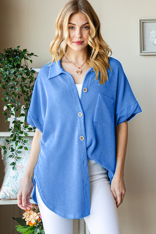 Ribbed Button Down Pocket Shirt Top 