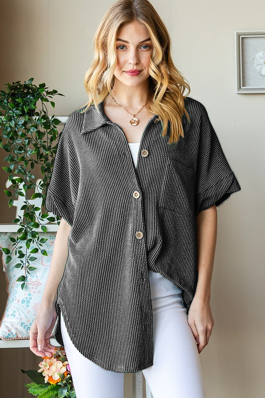Ribbed Button Down Pocket Shirt Top 