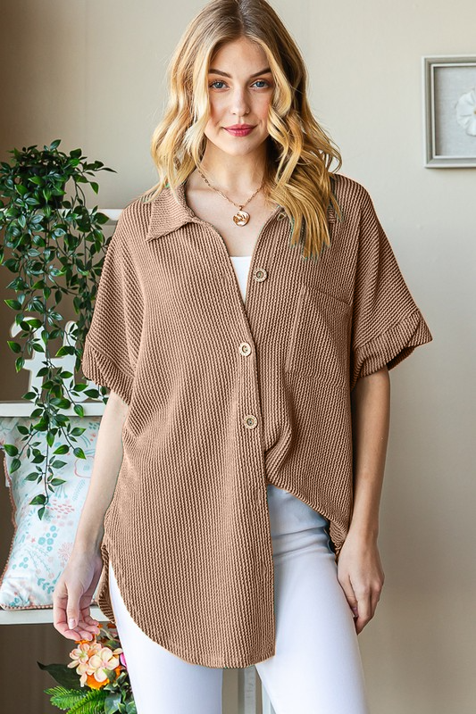 Ribbed Button Down Pocket Shirt Top 