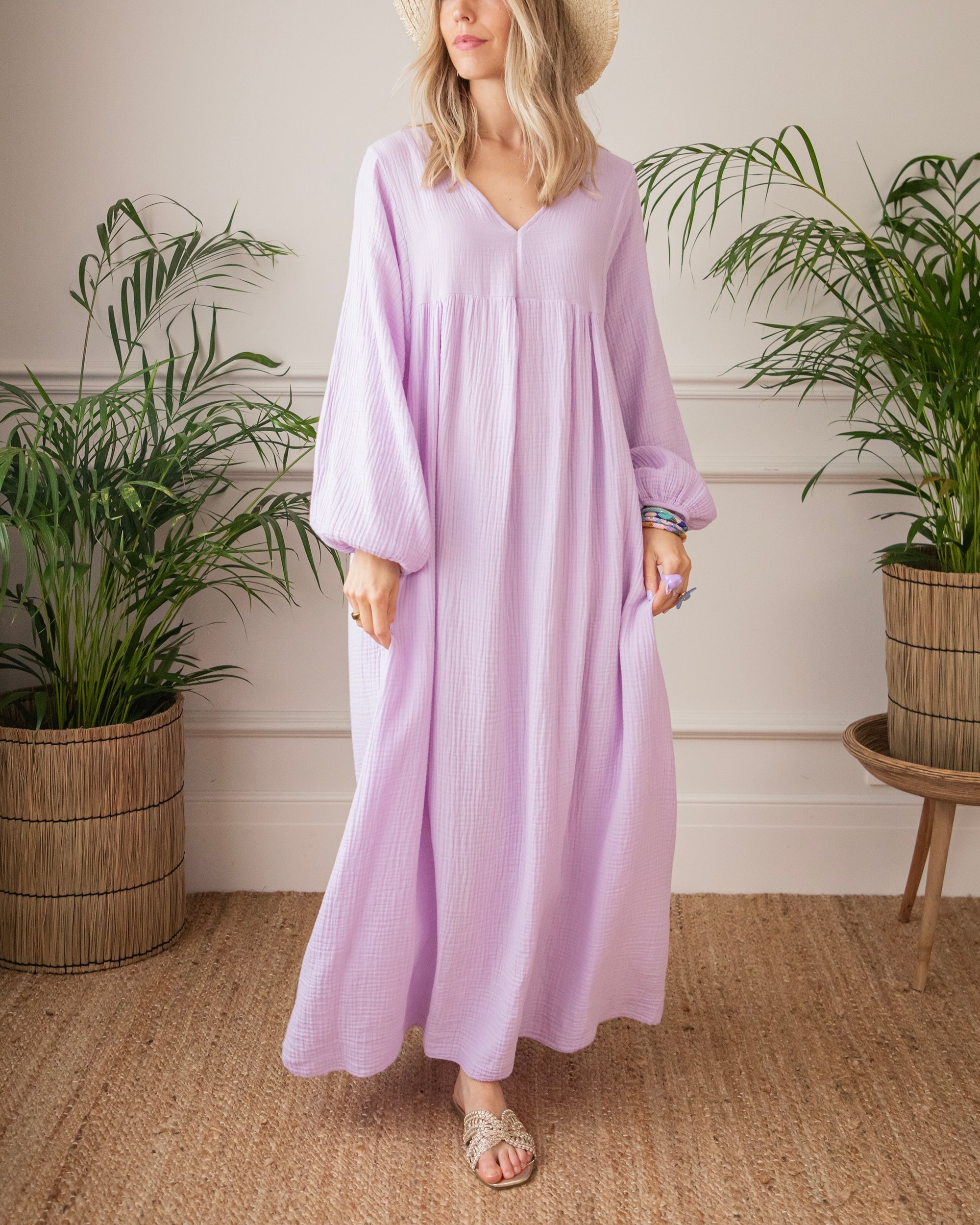 V Neck Puff Long Sleeve Maxi Dress