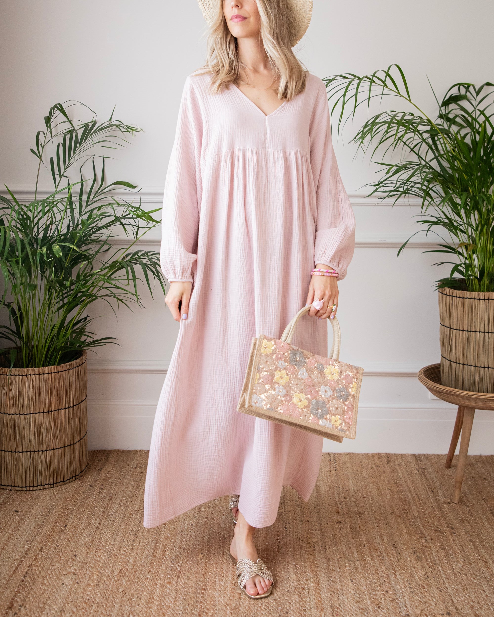 V Neck Puff Long Sleeve Maxi Dress