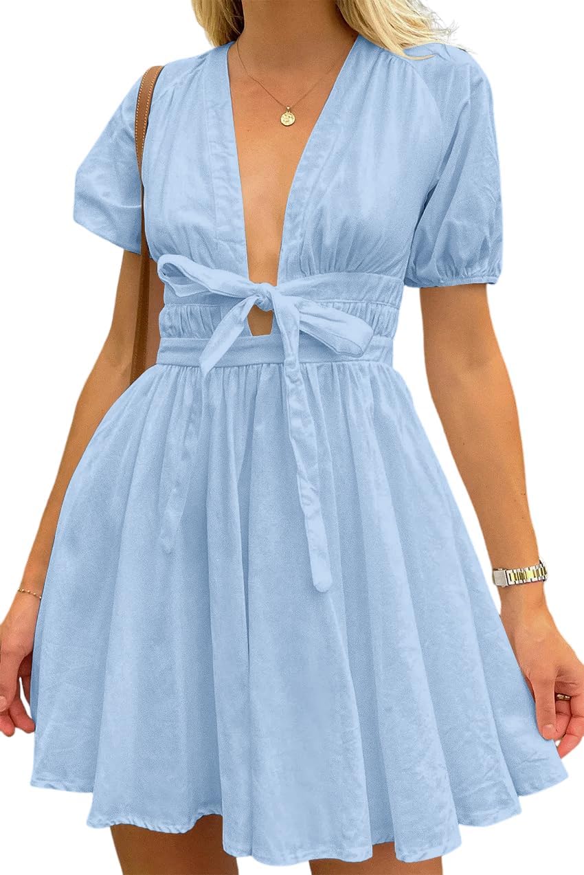 Women's Cute Summer Short Puff Sleeve Tie Mini Dress