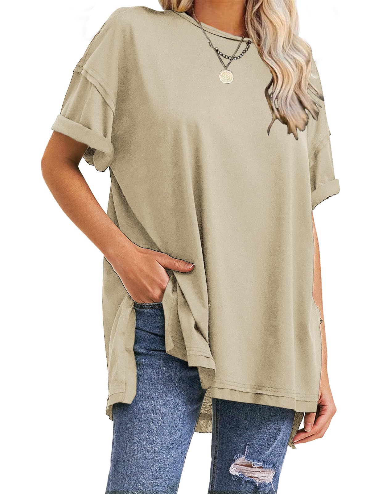 HOT SALE Oversized Crewneck Loose Side Slit Plus T-shirts 