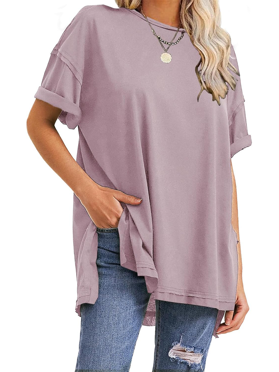 HOT SALE Oversized Crewneck Loose Side Slit Plus T-shirts 