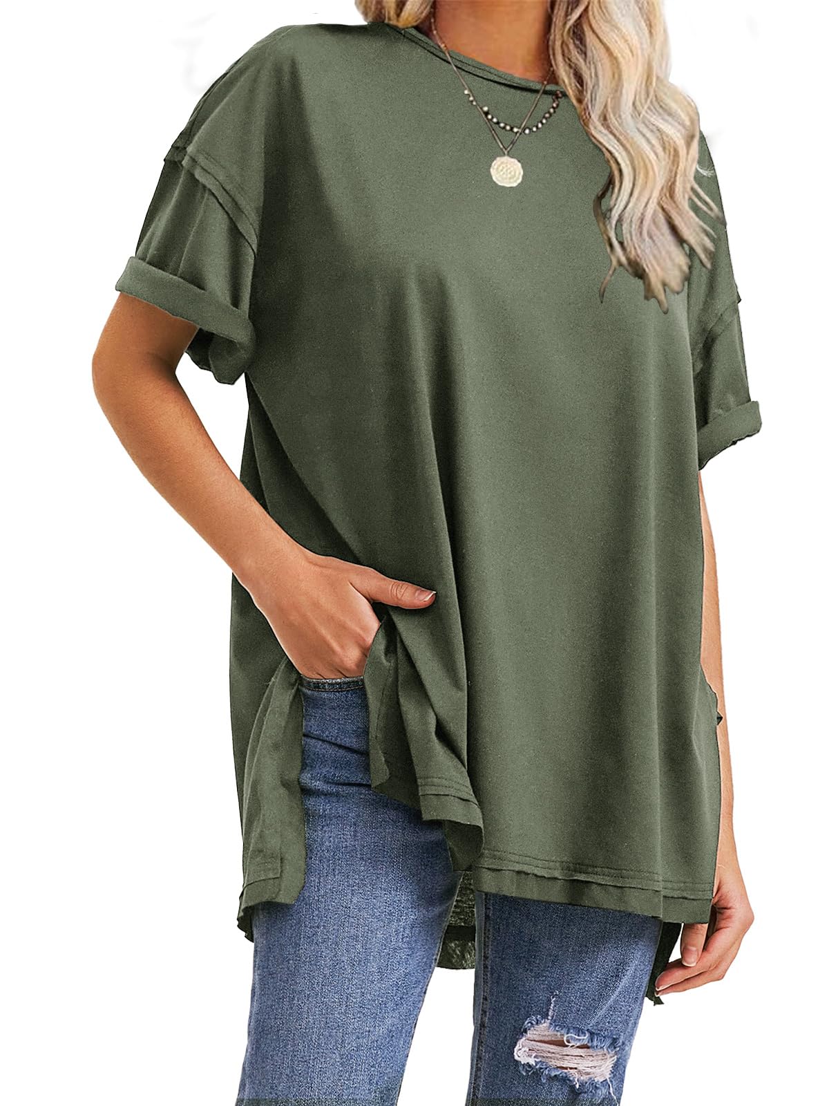 HOT SALE Oversized Crewneck Loose Side Slit Plus T-shirts 