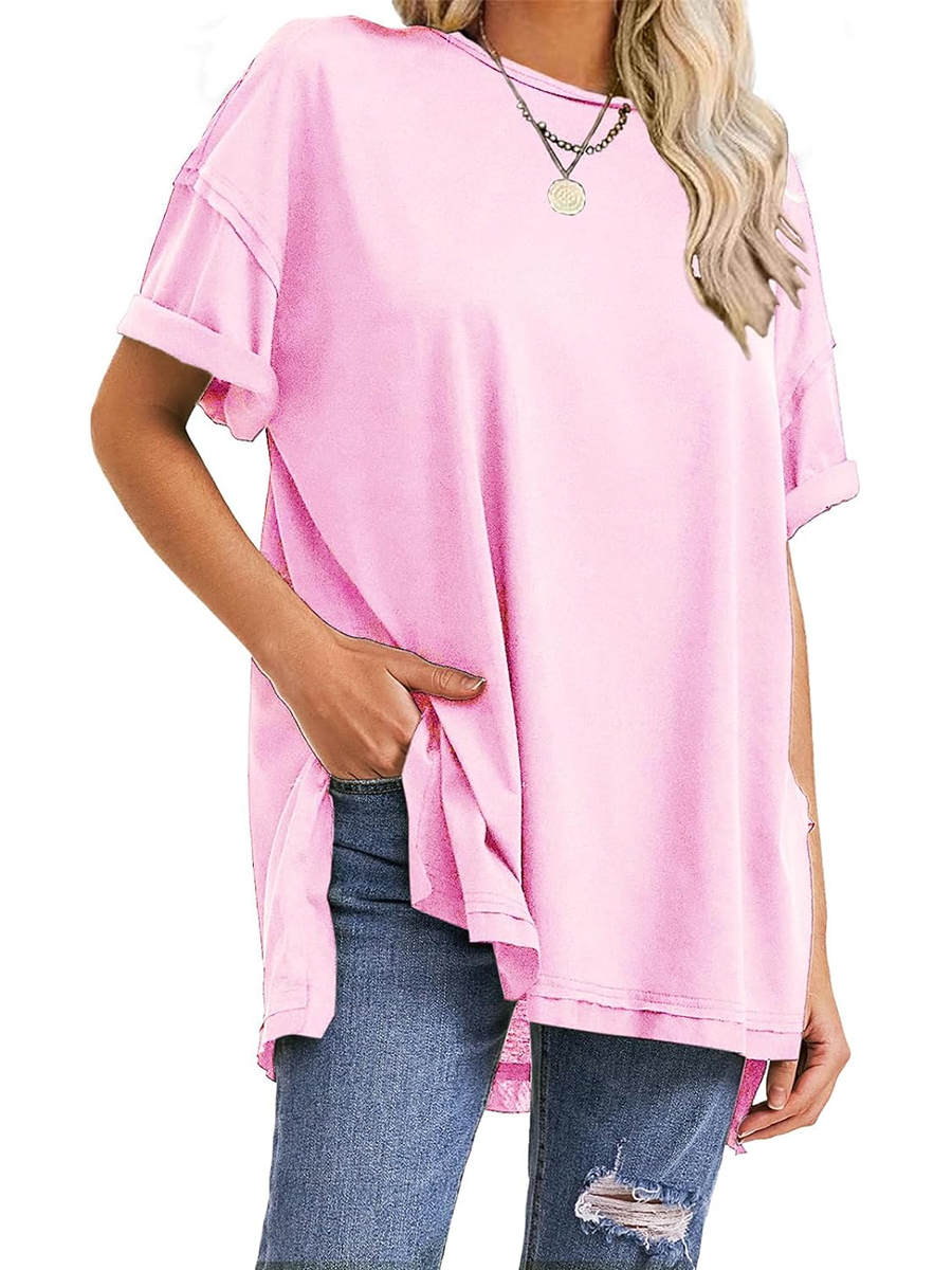 HOT SALE Oversized Crewneck Loose Side Slit Plus T-shirts 