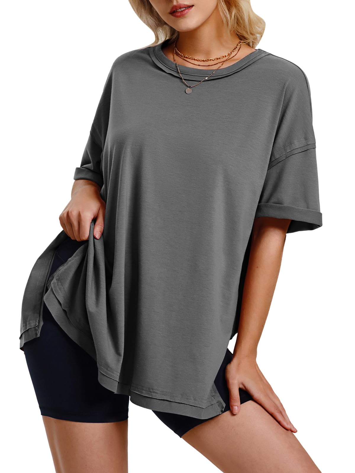 HOT SALE Oversized Crewneck Loose Side Slit Plus T-shirts 