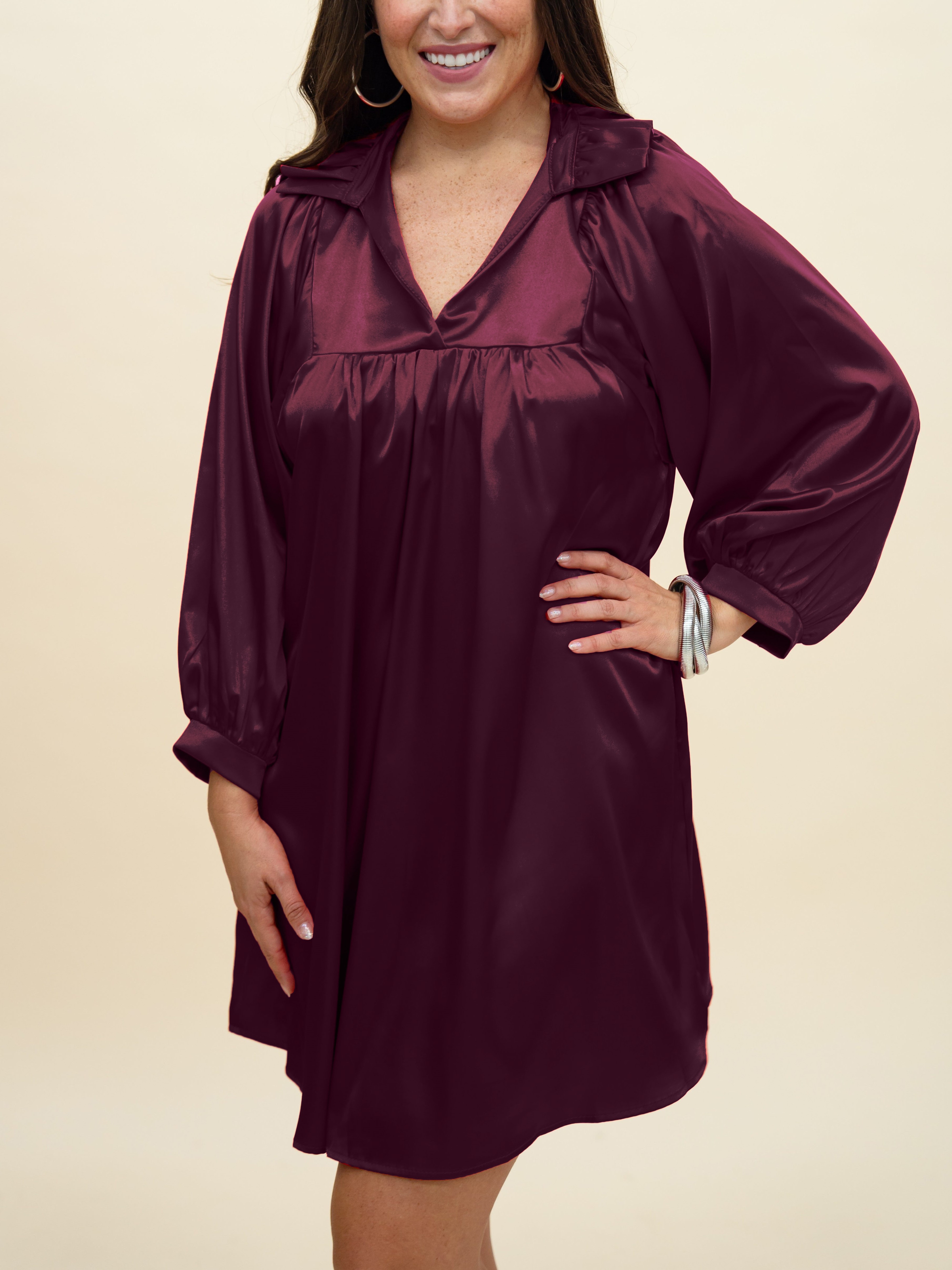 HOT SALE Satin High Ruffle Collar Puff Sleeve Dress