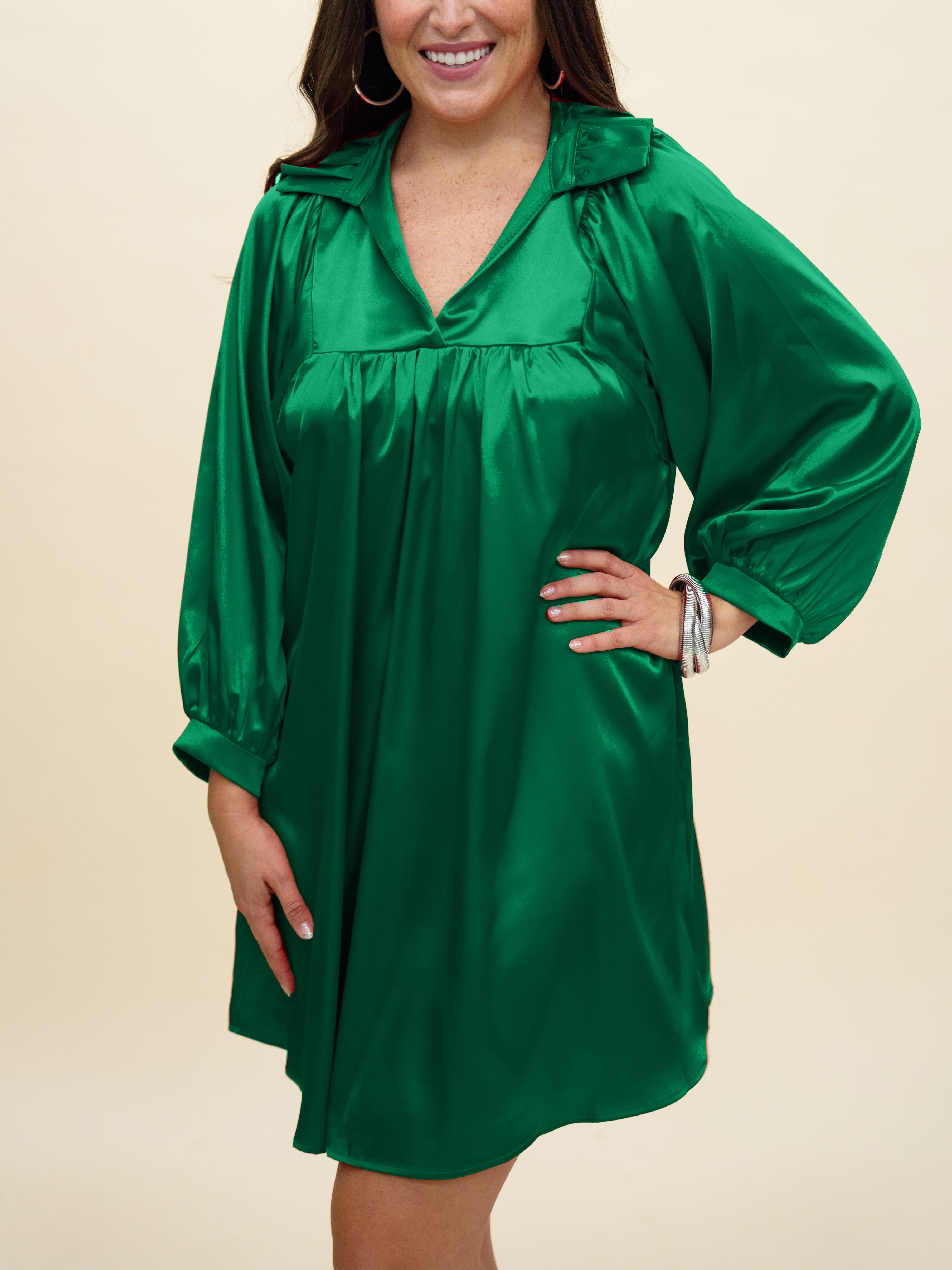 HOT SALE Satin High Ruffle Collar Puff Sleeve Dress