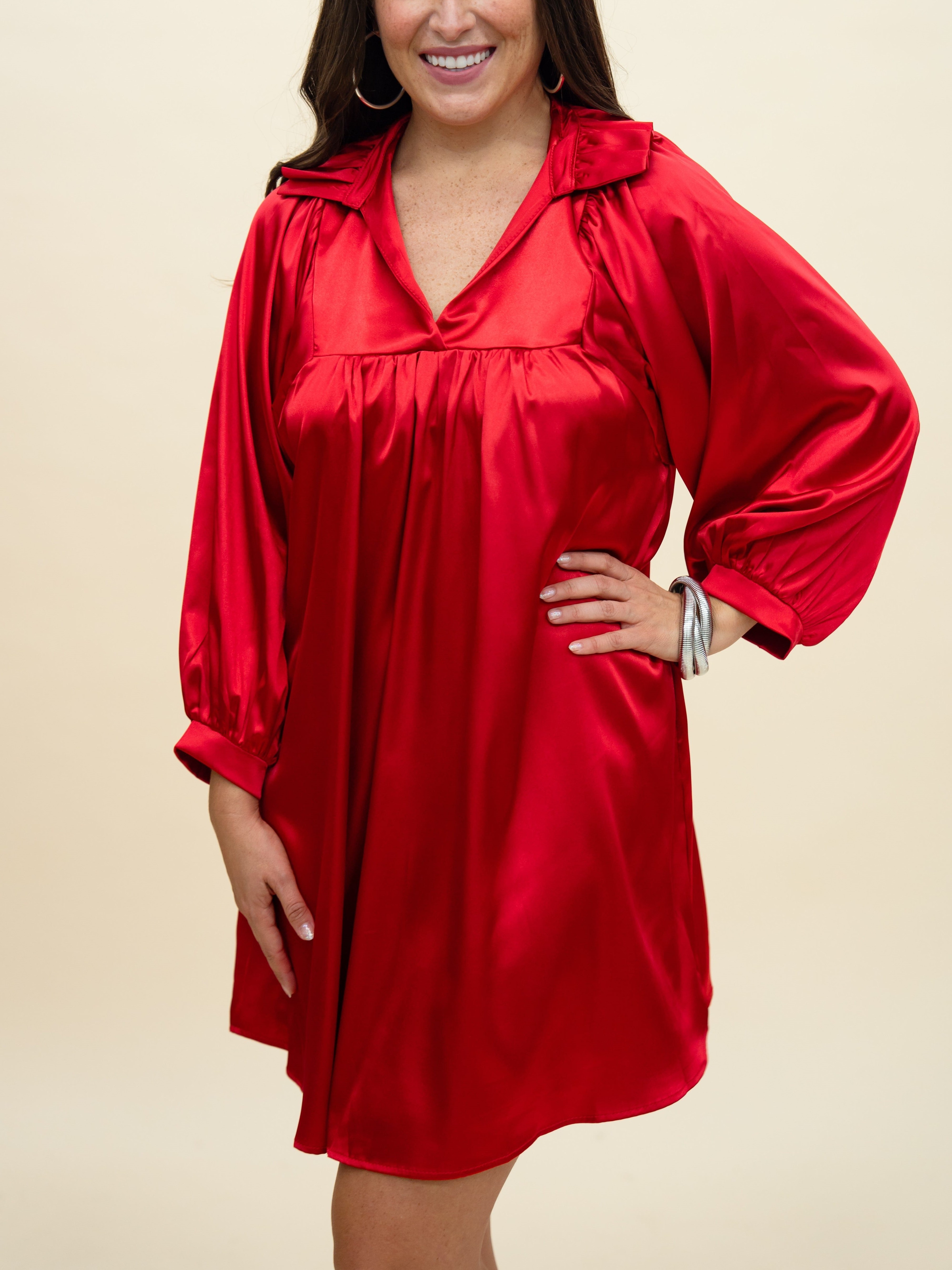 HOT SALE Satin High Ruffle Collar Puff Sleeve Dress