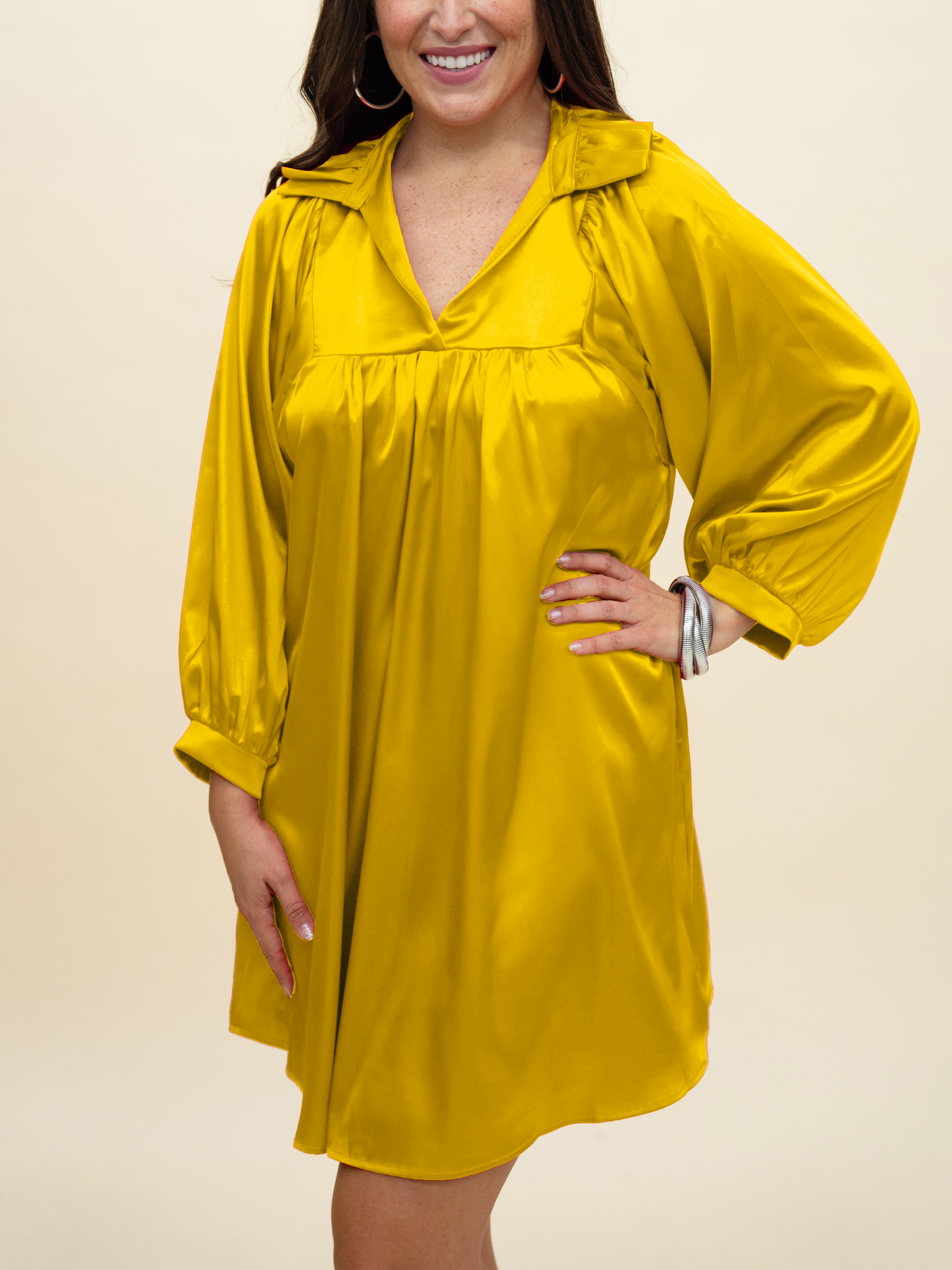 HOT SALE Satin High Ruffle Collar Puff Sleeve Dress