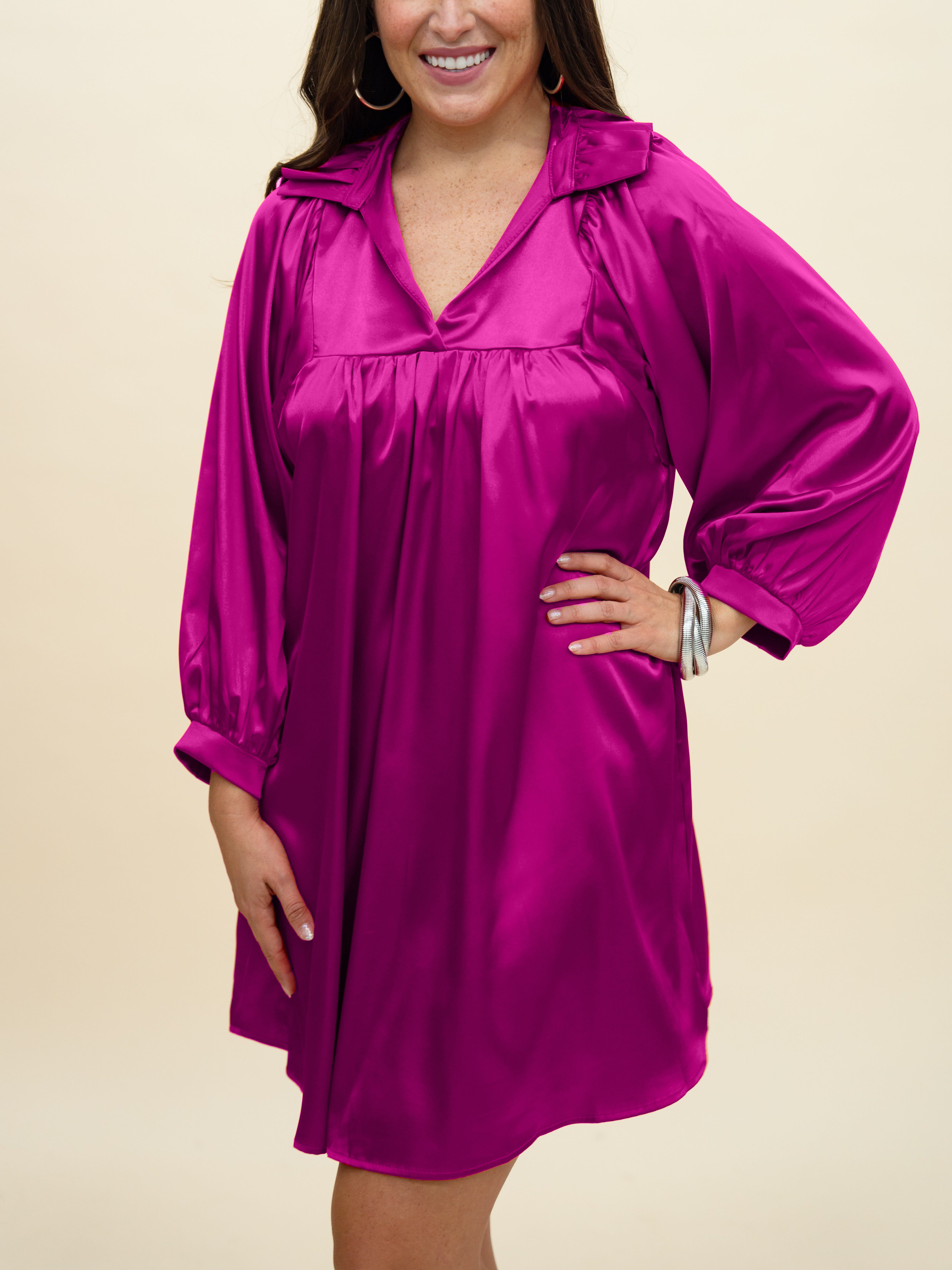 HOT SALE Satin High Ruffle Collar Puff Sleeve Dress