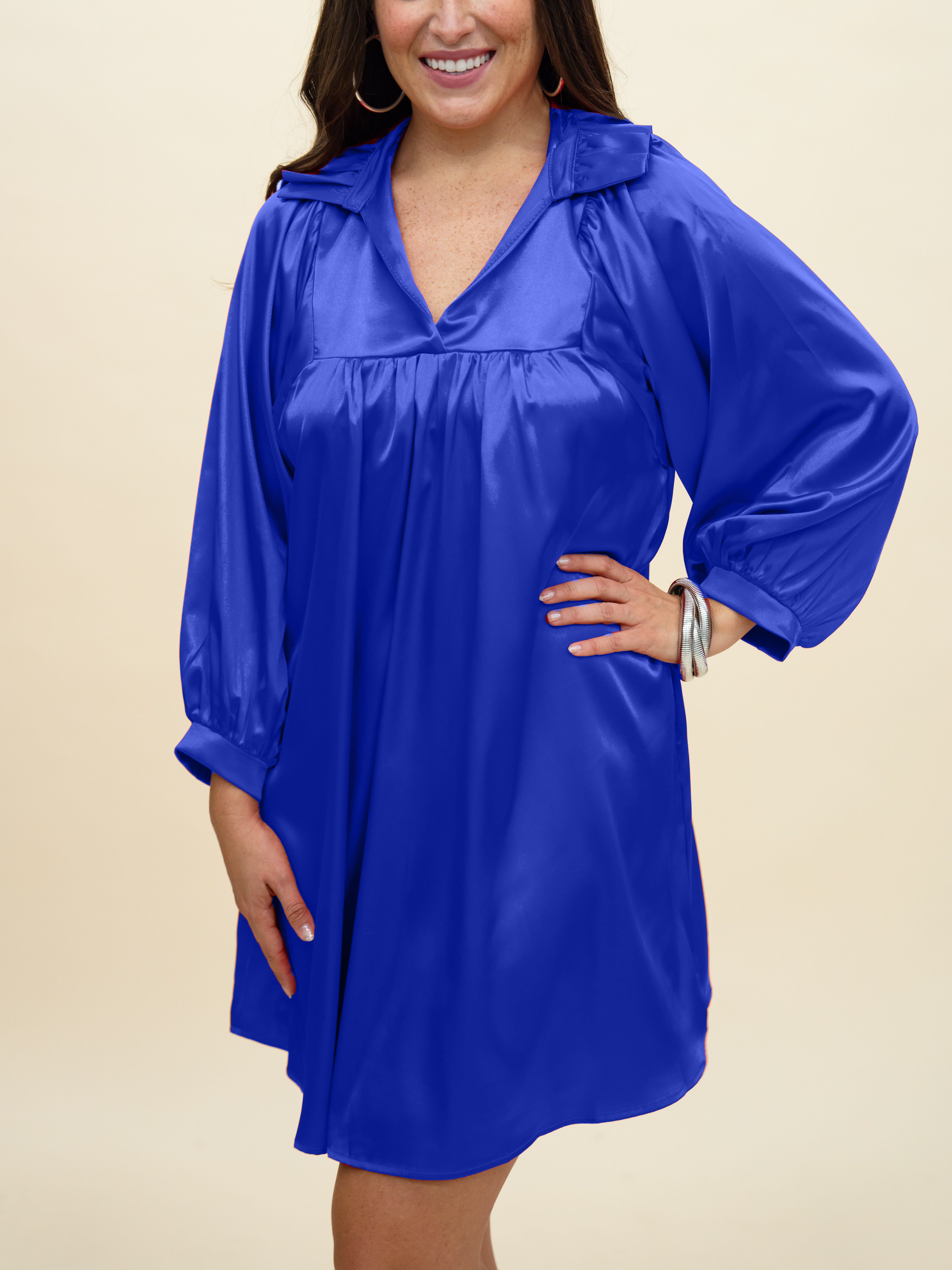 HOT SALE Satin High Ruffle Collar Puff Sleeve Dress