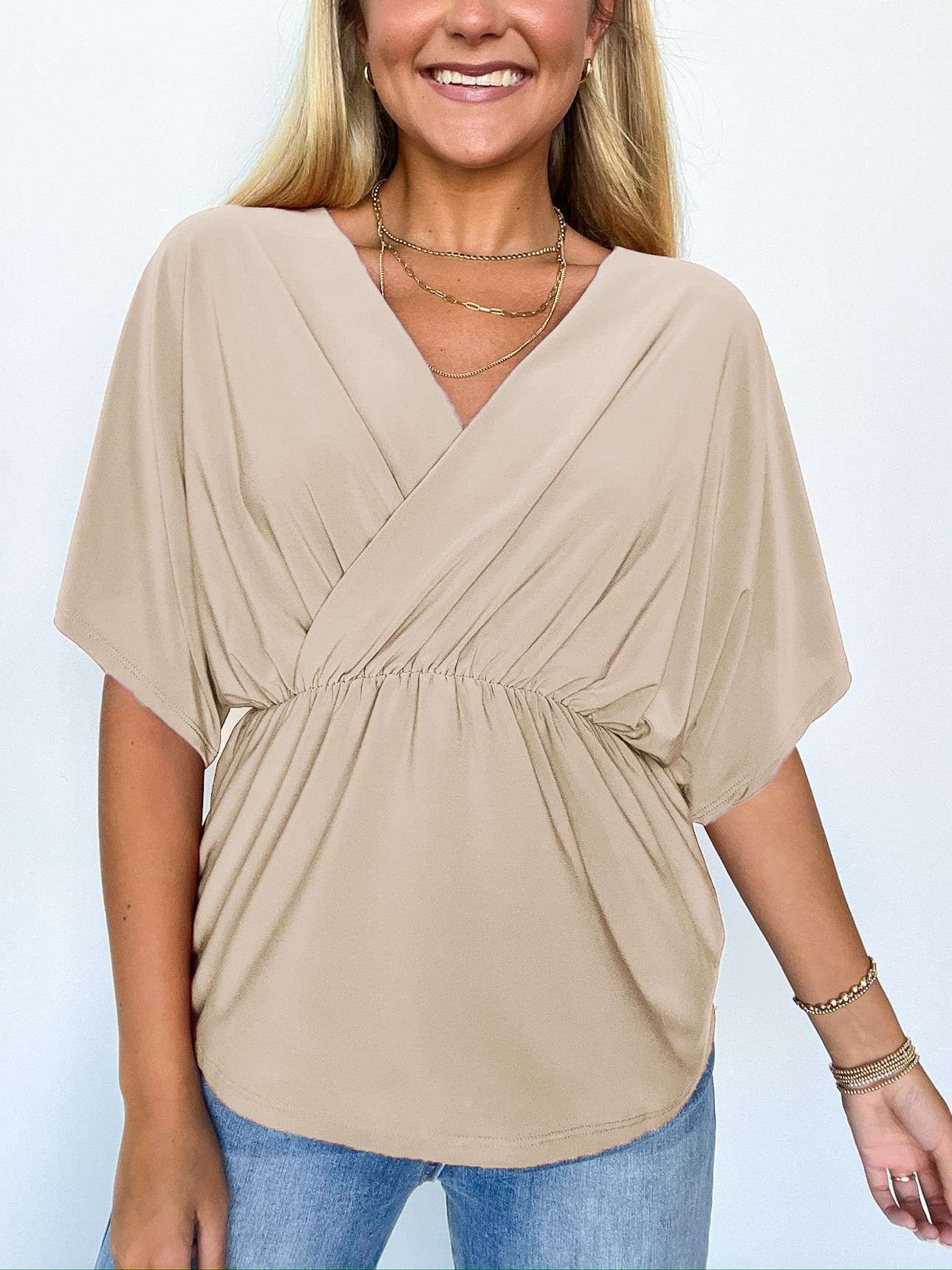 HOT SALE V Neck Solid Surplice Flowy Tunic Top