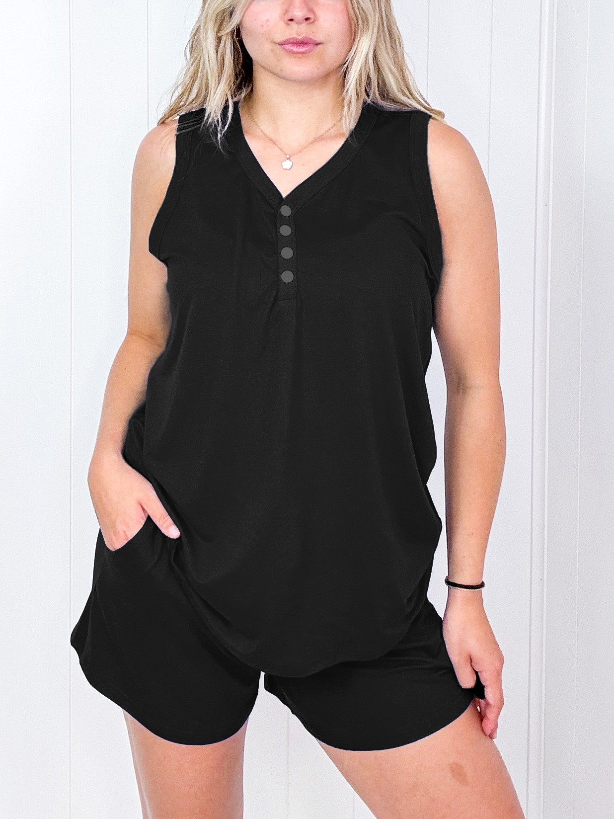 Buttoned Sleeveless Top & Shorts Pajama Lounge Set 