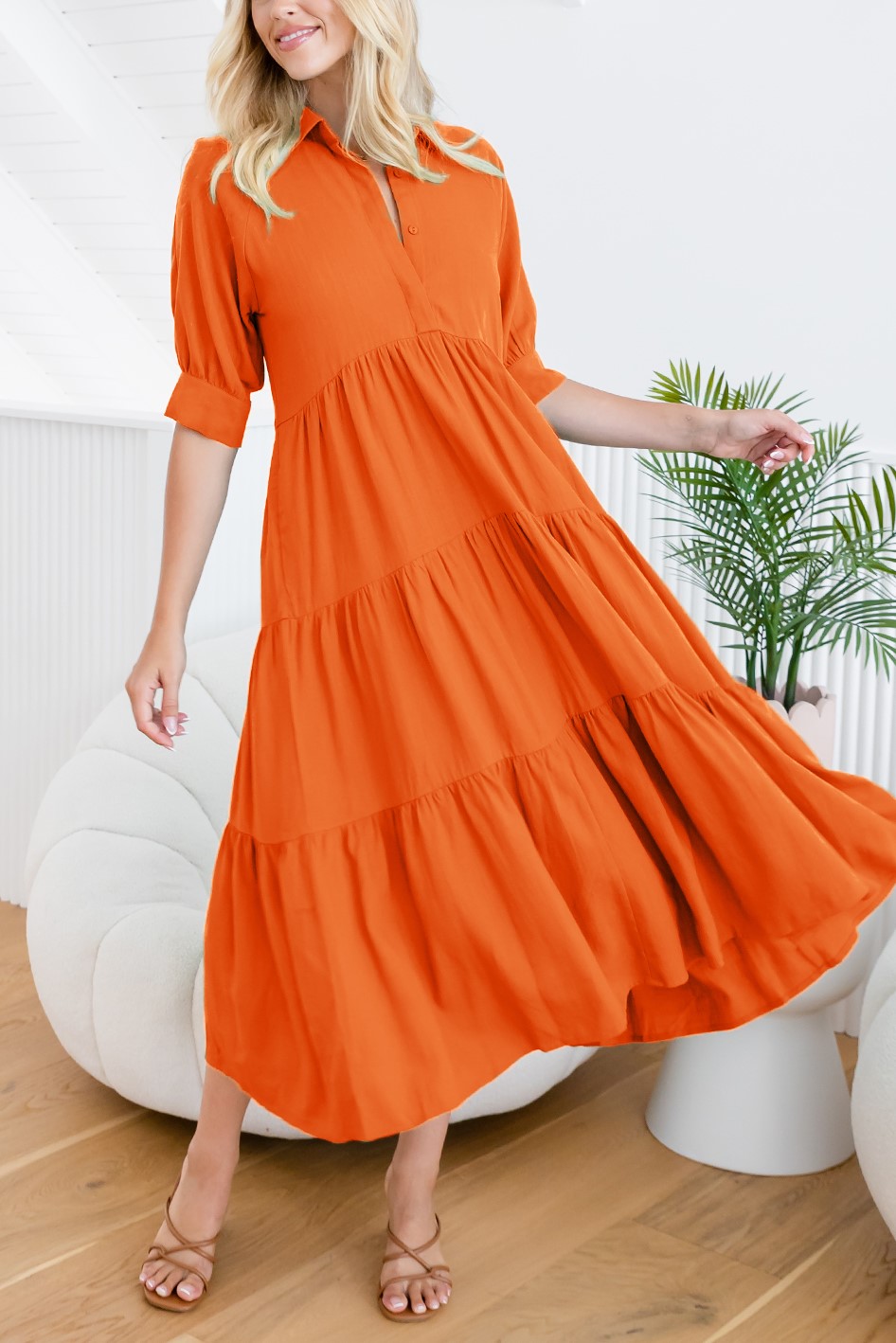 HOT SALE Mid-sleeved Shirt Tiered Maxi Dress