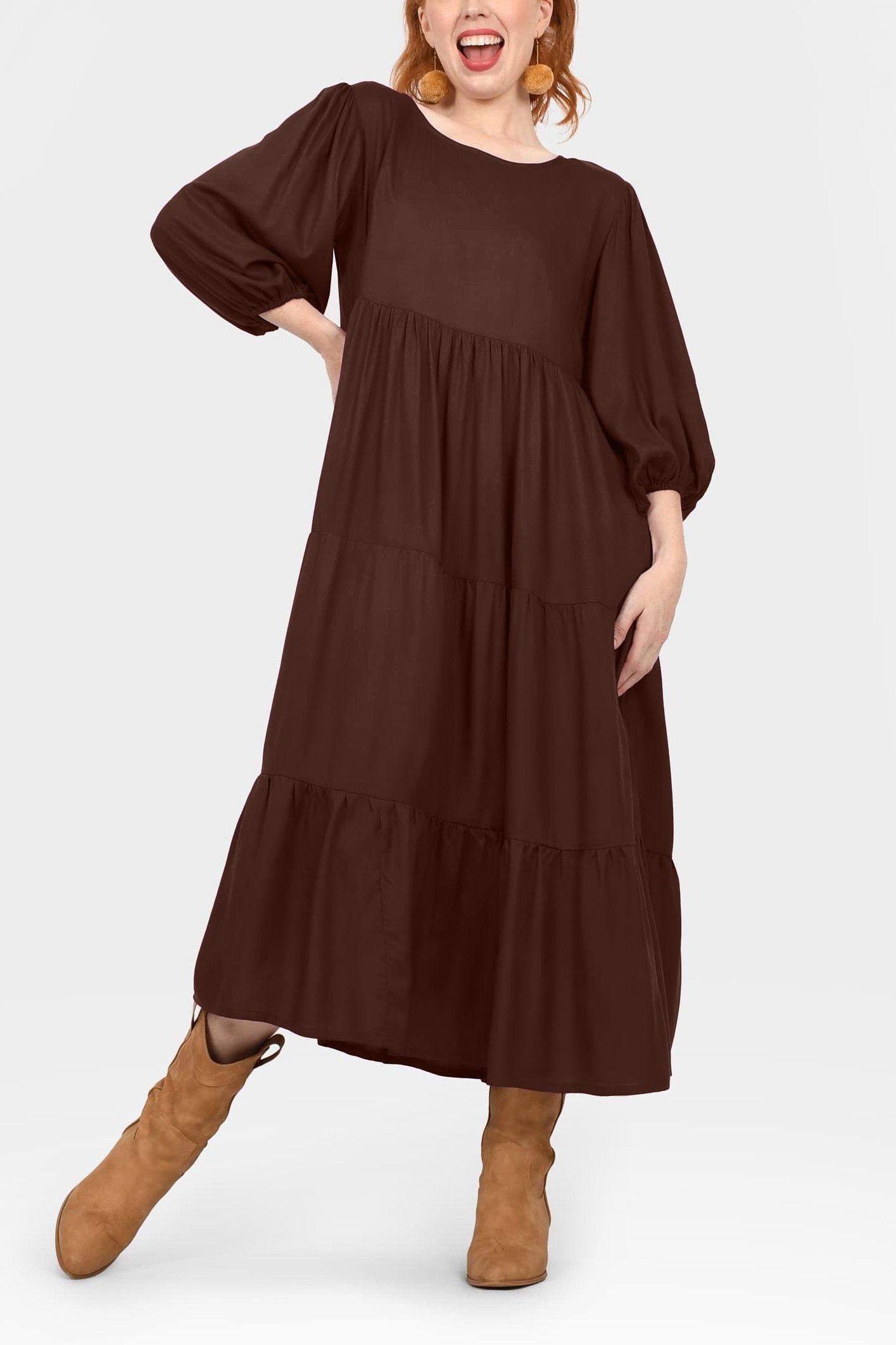 Crew Neck Long Sleeve Layered Maxi Dress
