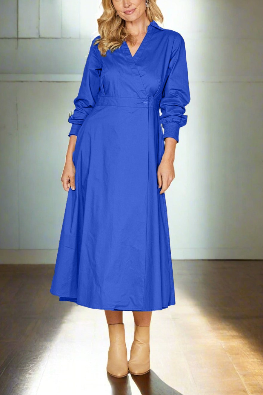 Cross V-neck Long Seeve Buckle Waist Midi Dress