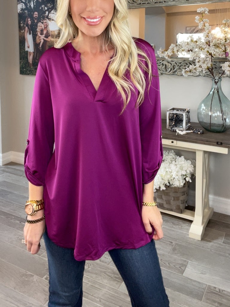 V Neck Satin 3/4 Sleeve Button Blouse 