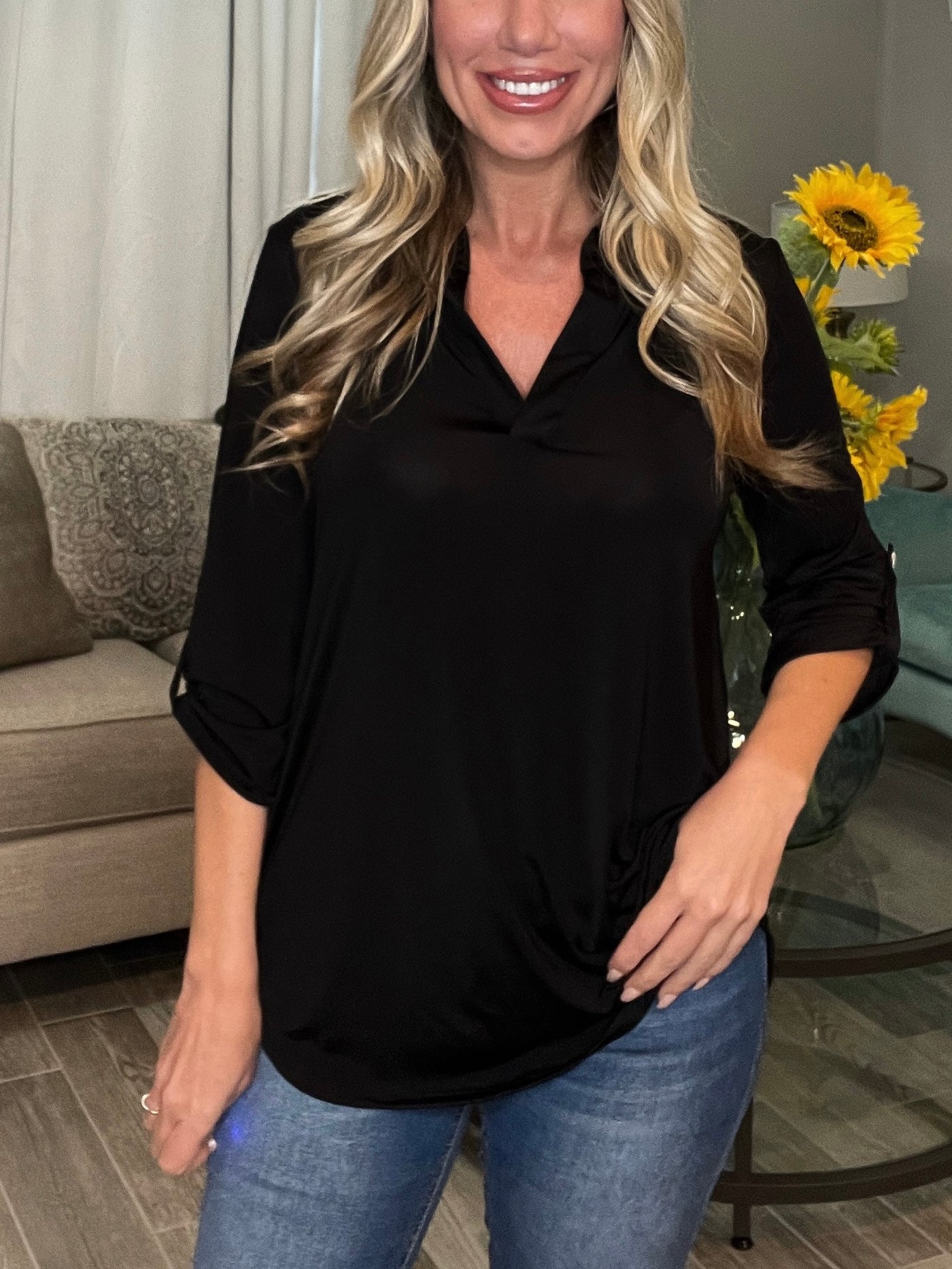 V Neck Satin 3/4 Sleeve Button Blouse 