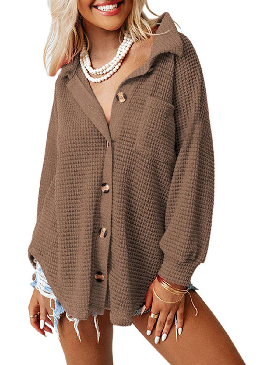 Women's Waffle Knit Casual Button Down Shirts Jacket